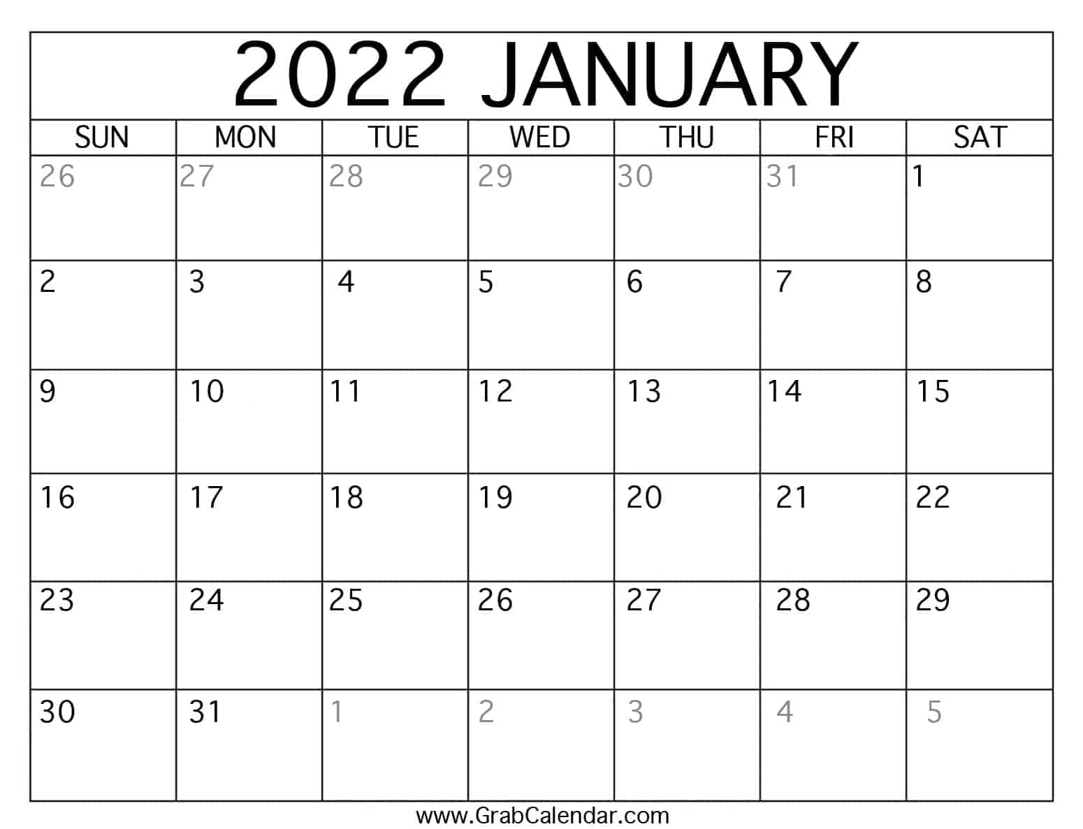 2022 January Calendar Printable