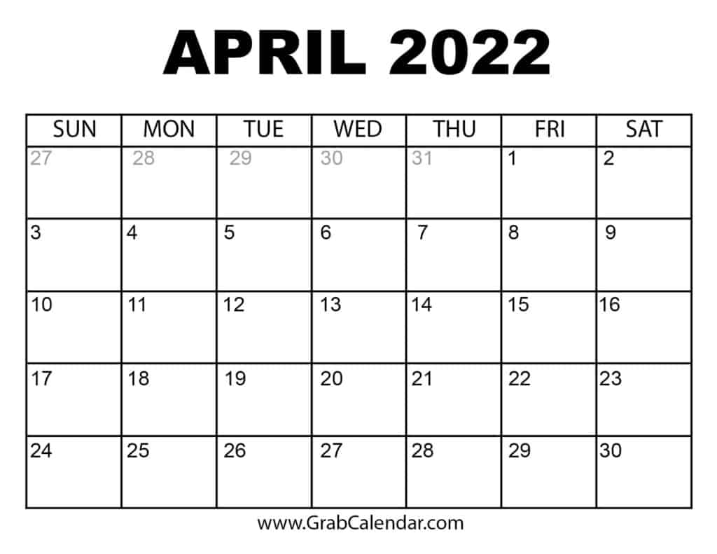 Easter 2022 Calendar Date Printable April 2022 Calendar