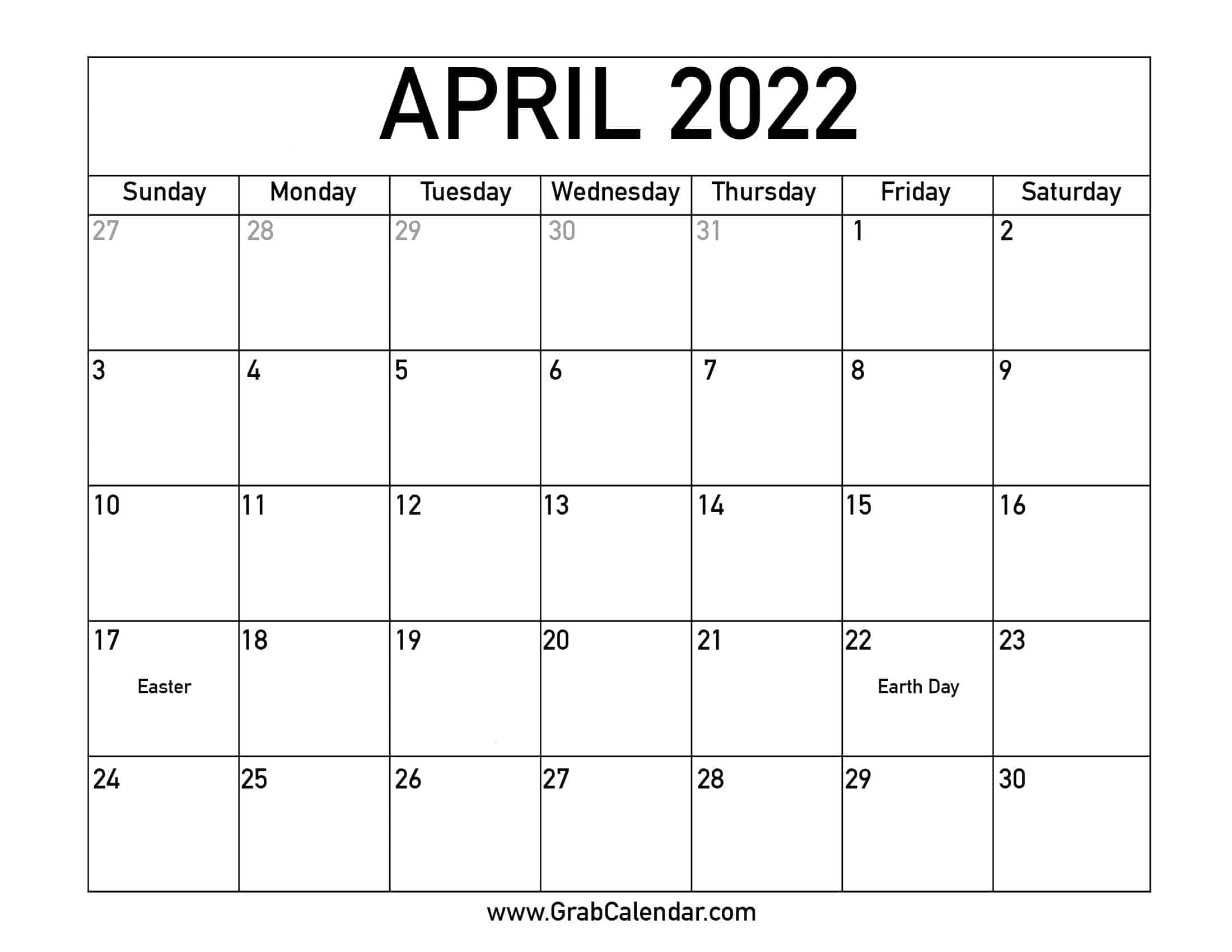 Monthly Calendar April 2022 Printable Printable April 2022 Calendar