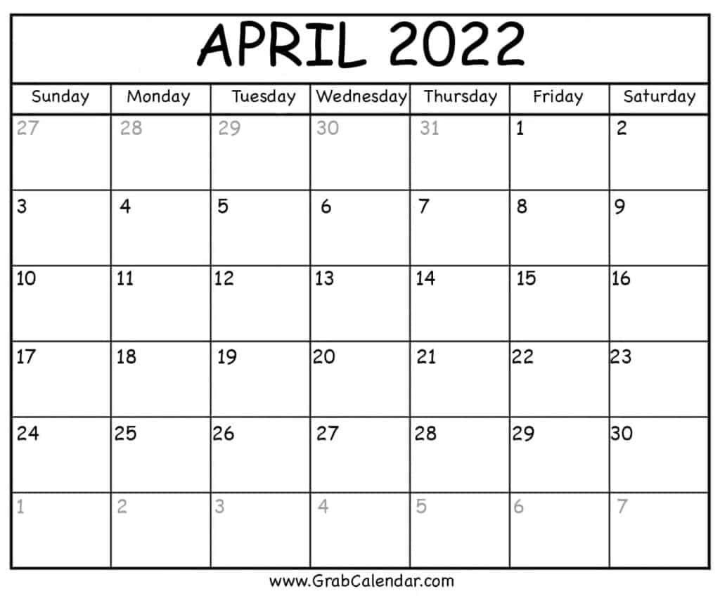 Blank April 2022 Calendar