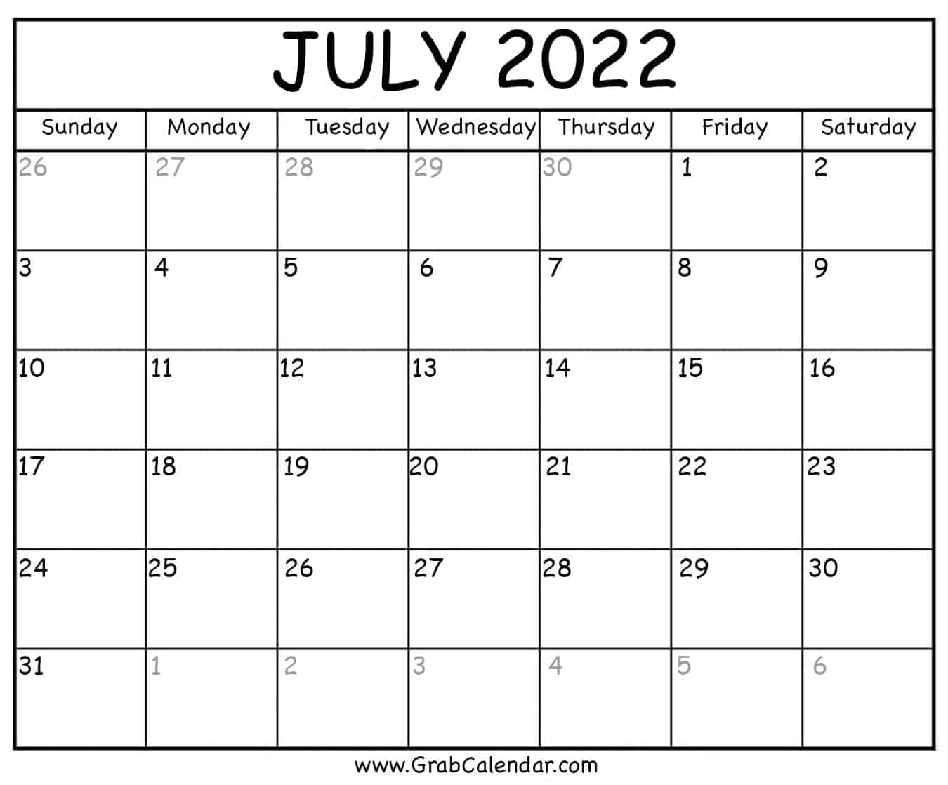 Blank July 2022 Calendar