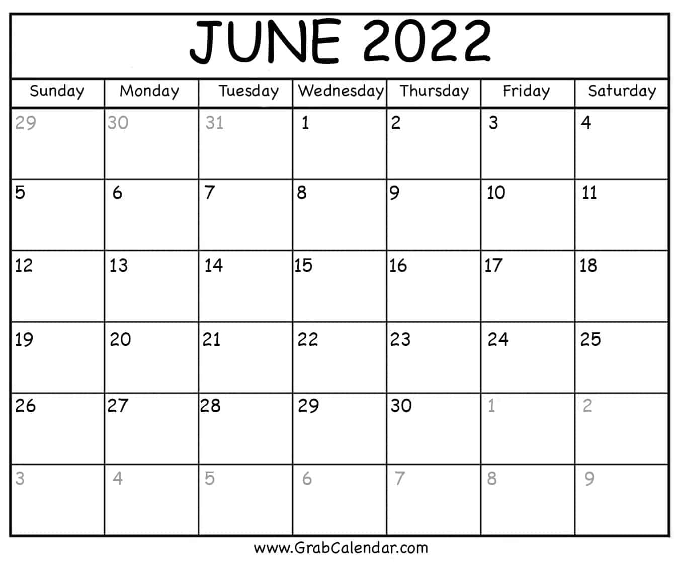 June Blank Calendar 2022 Printable June 2022 Calendar