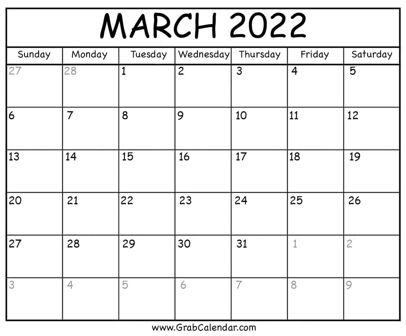 Mar 2022 Calendar Printable Printable March 2022 Calendar