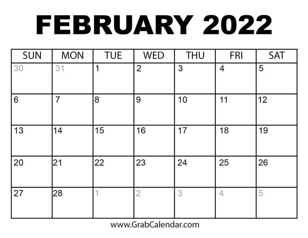 Print February 2022 Calendar Printable February 2022 Calendar