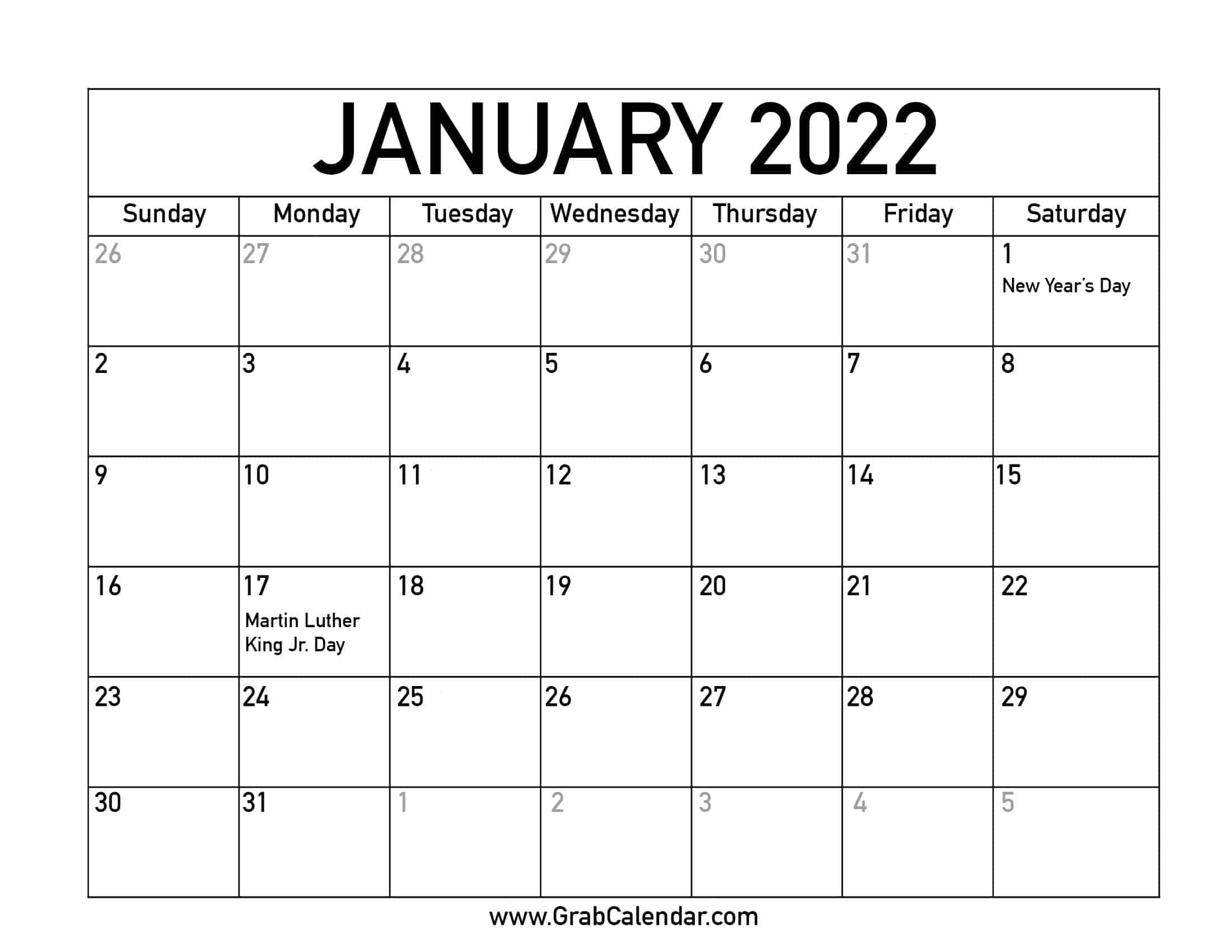 Jan 2022 calendar