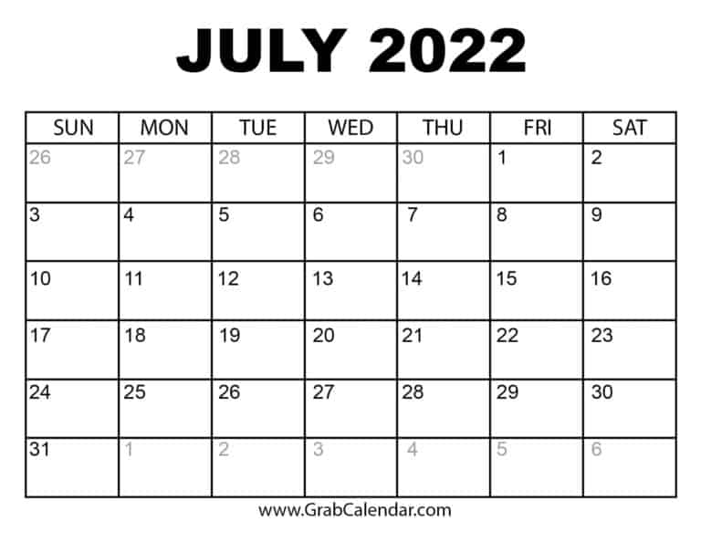 Printable July 2022 Calendar