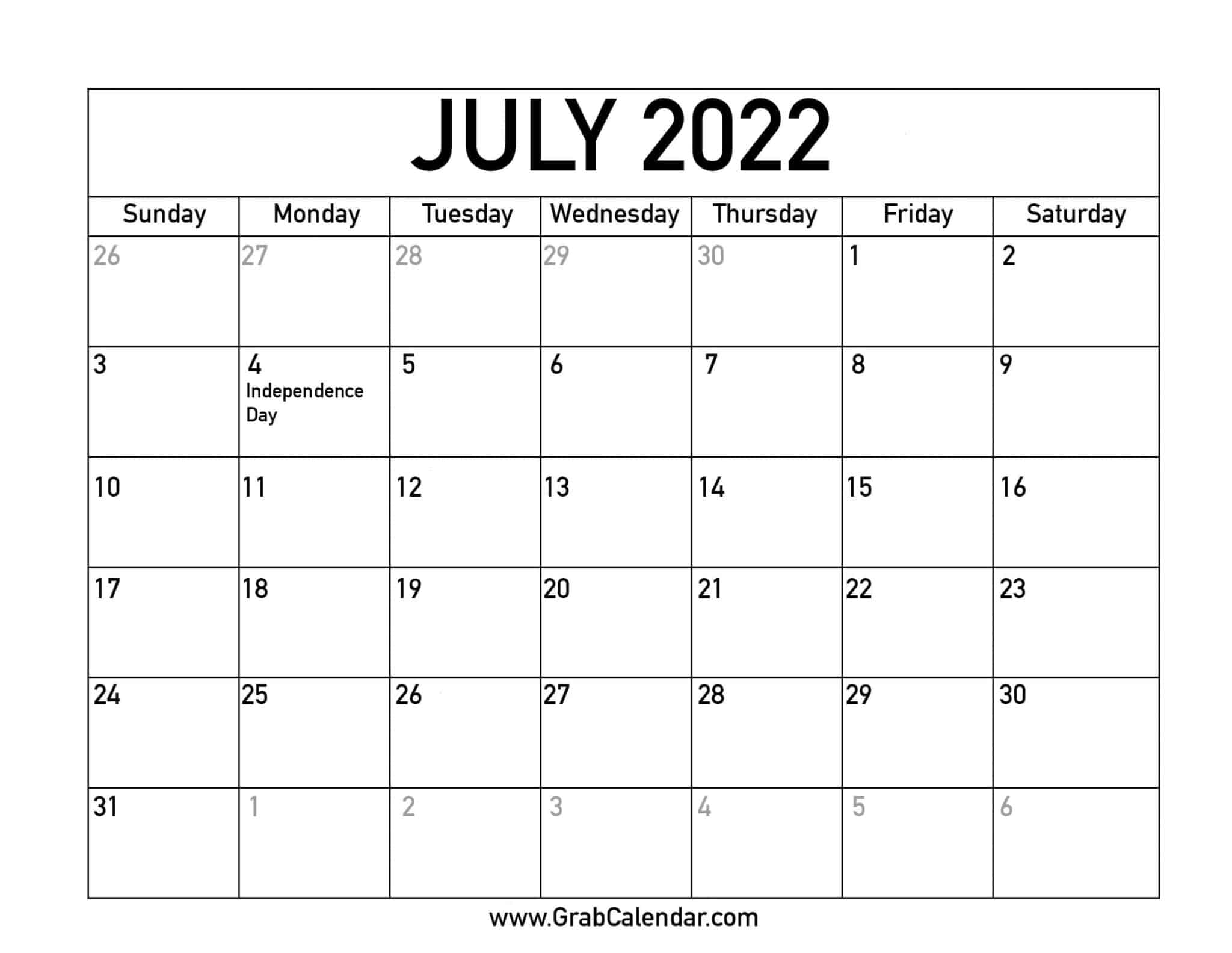 Printable July 2022 Calendar