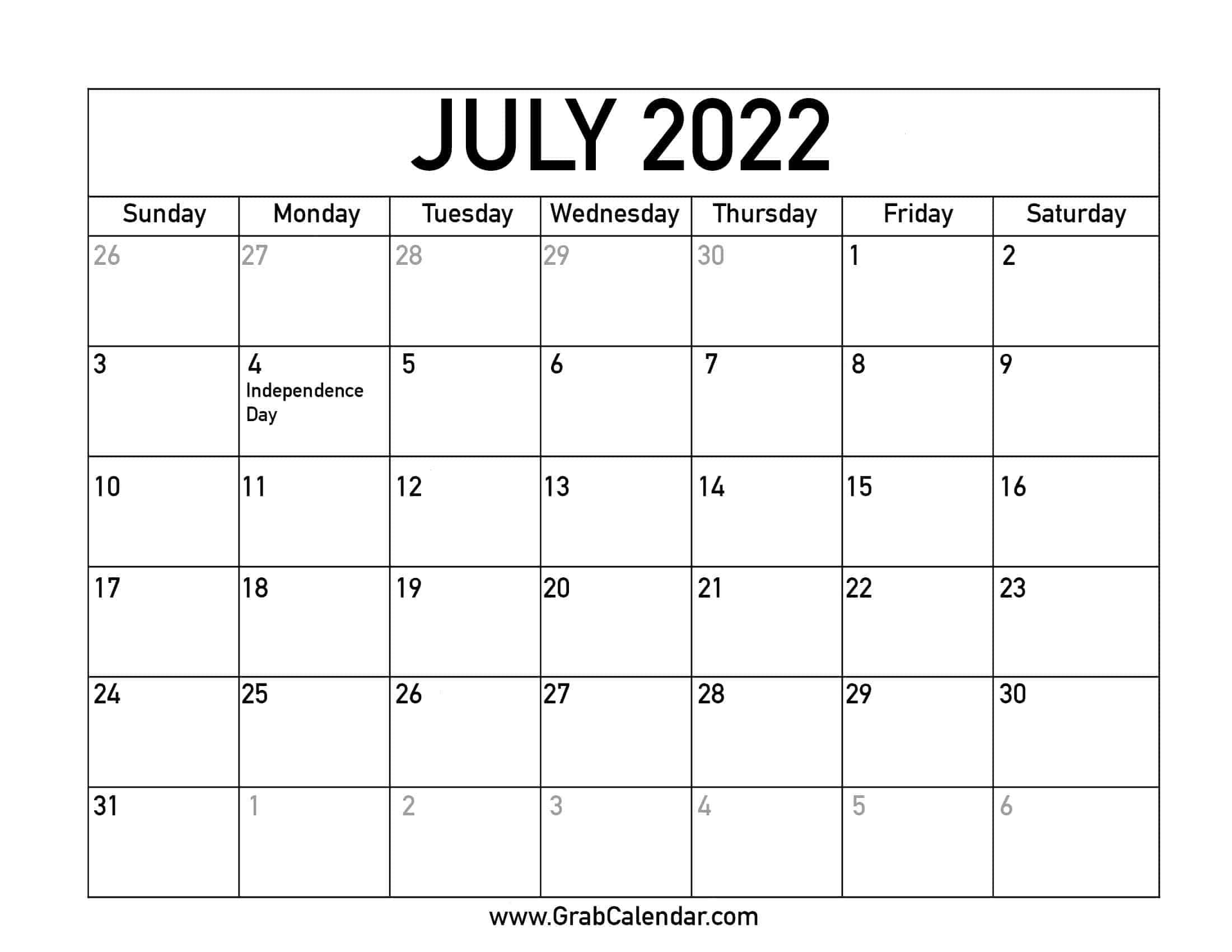 Printable Calendar 2022 July Printable July 2022 Calendar