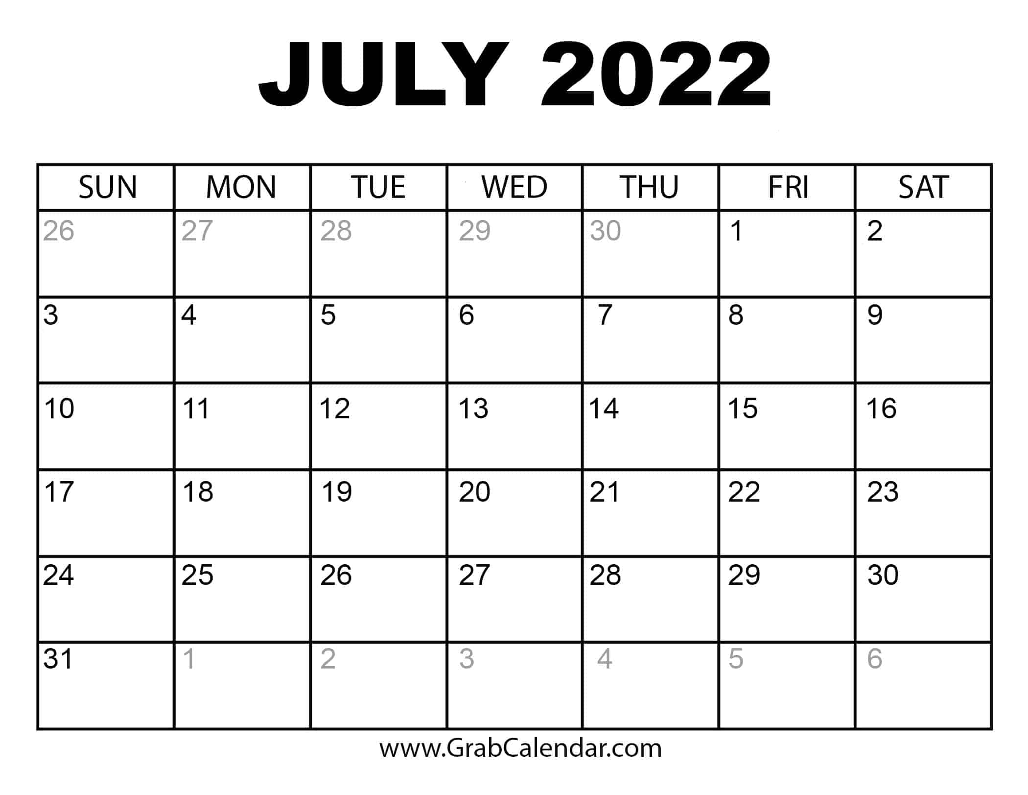 Printable Calendar 2022 July Printable July 2022 Calendar