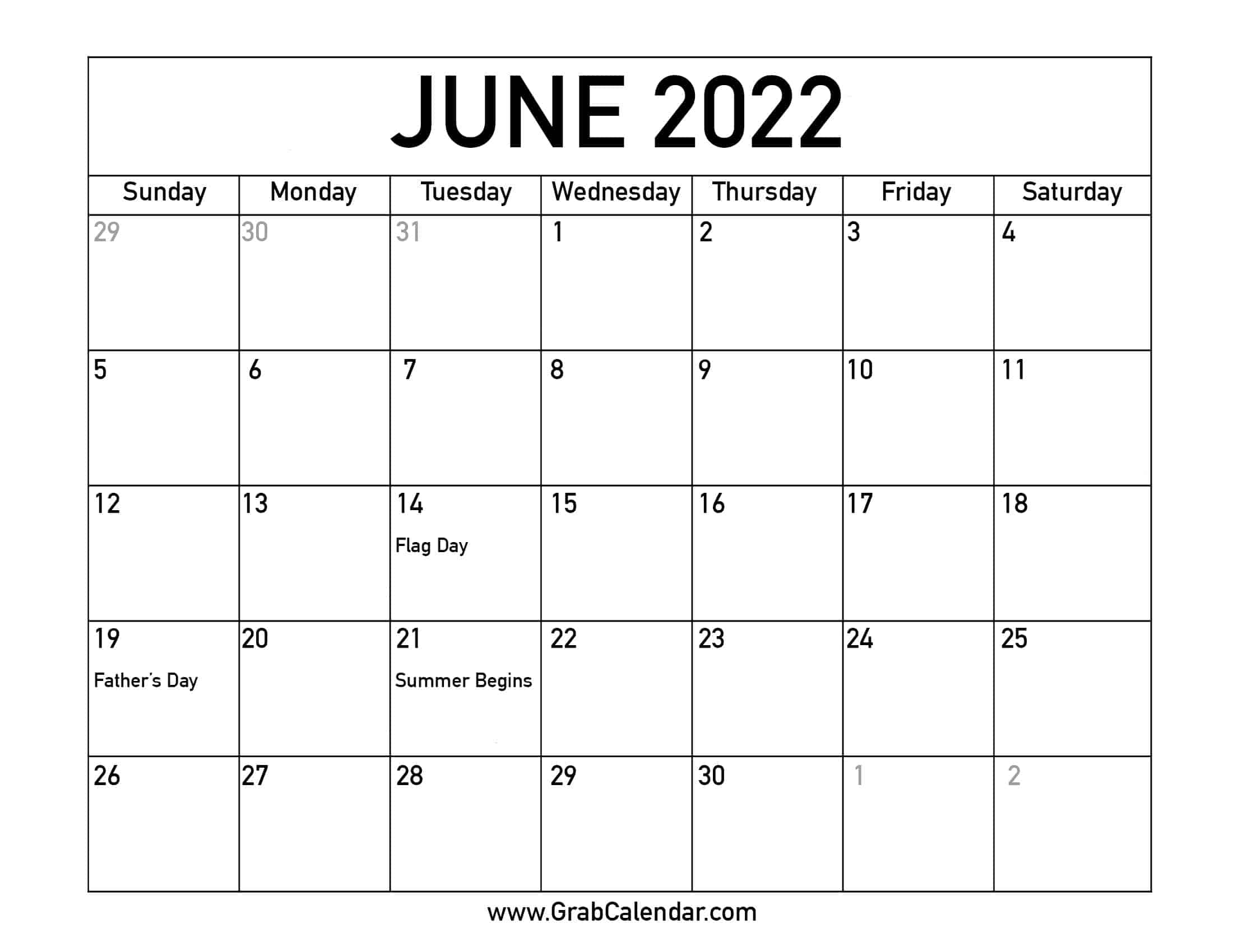 Printable Calendar 2022 June Printable June 2022 Calendar