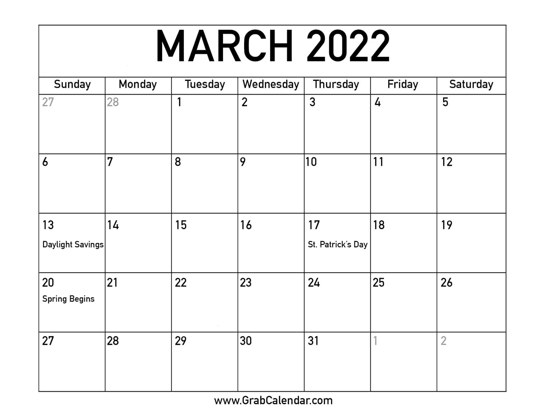 Printable Calendar 2022 March Printable March 2022 Calendar