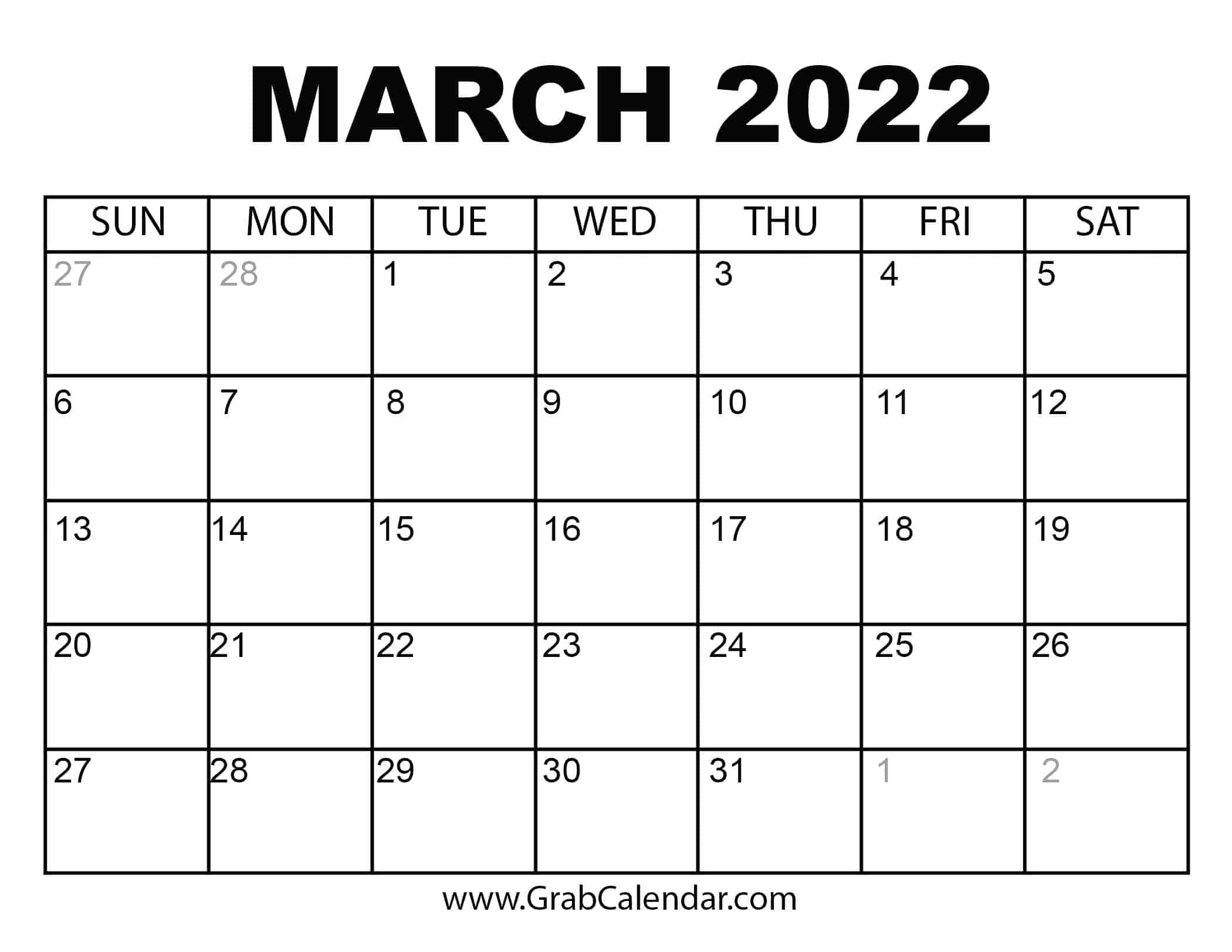 Month Of March 2022 Calendar Printable March 2022 Calendar