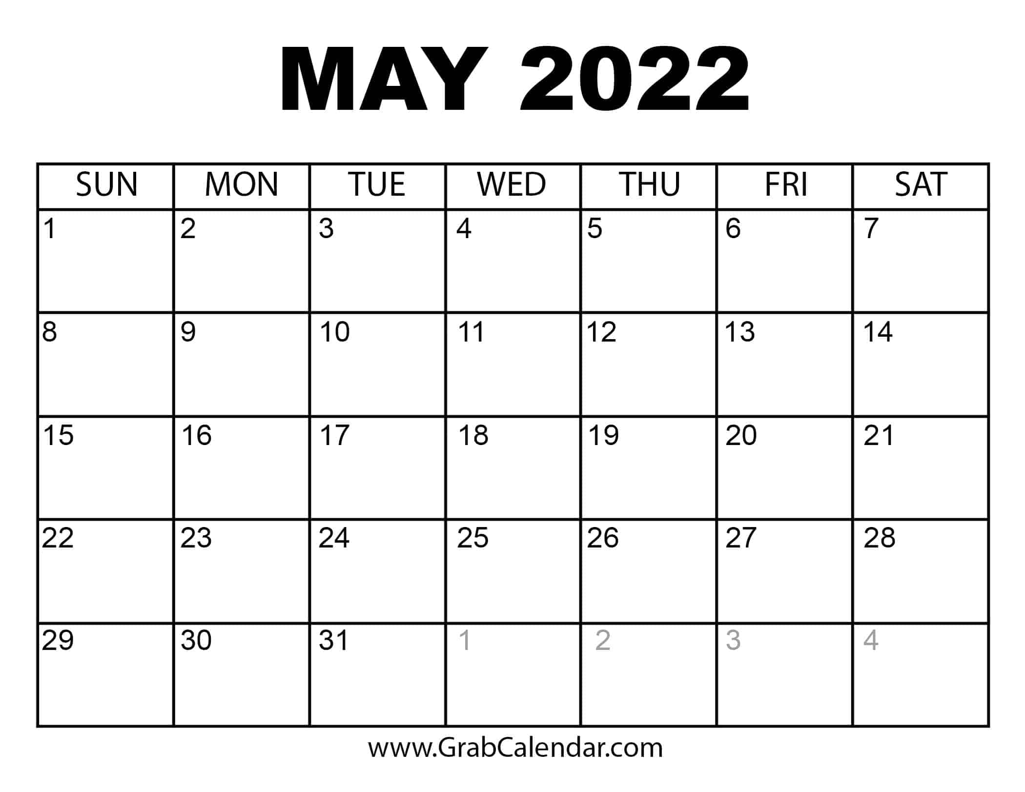 Printable Calendar 2022 May Printable May 2022 Calendar