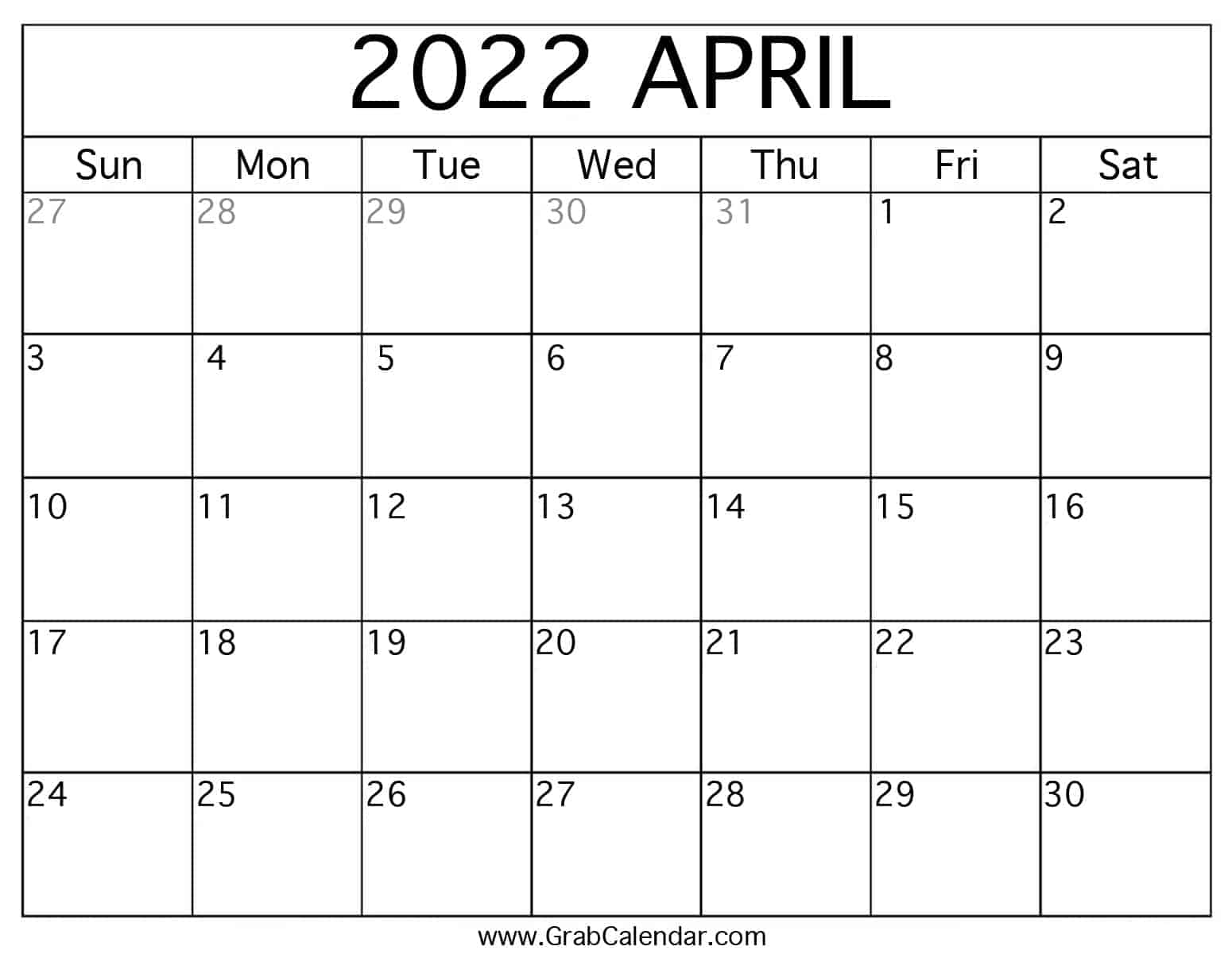 Spril 2022 Calendar Printable April 2022 Calendar