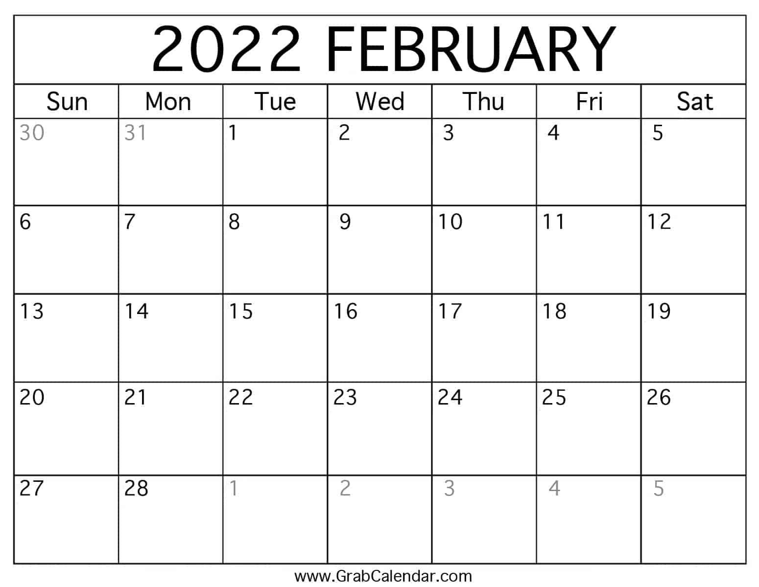 February 2022 Blank Calendar Printable February 2022 Calendar