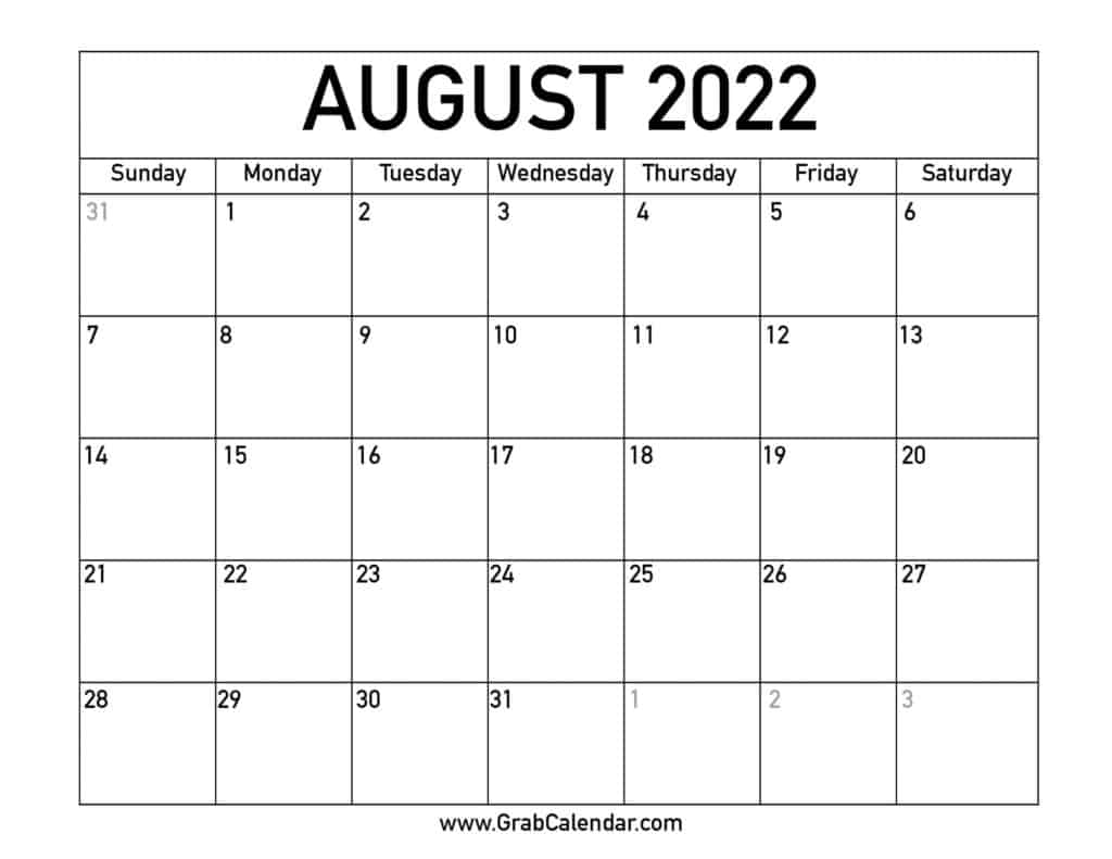 Printable August 2022 Calendar