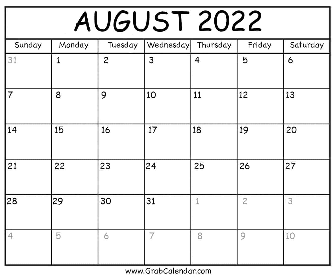 Blank August 2022 Calendar