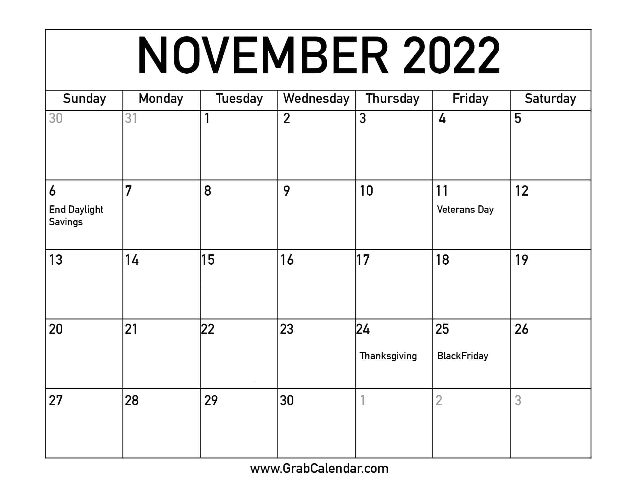 Novemeber 2022 Calendar Printable November 2022 Calendar