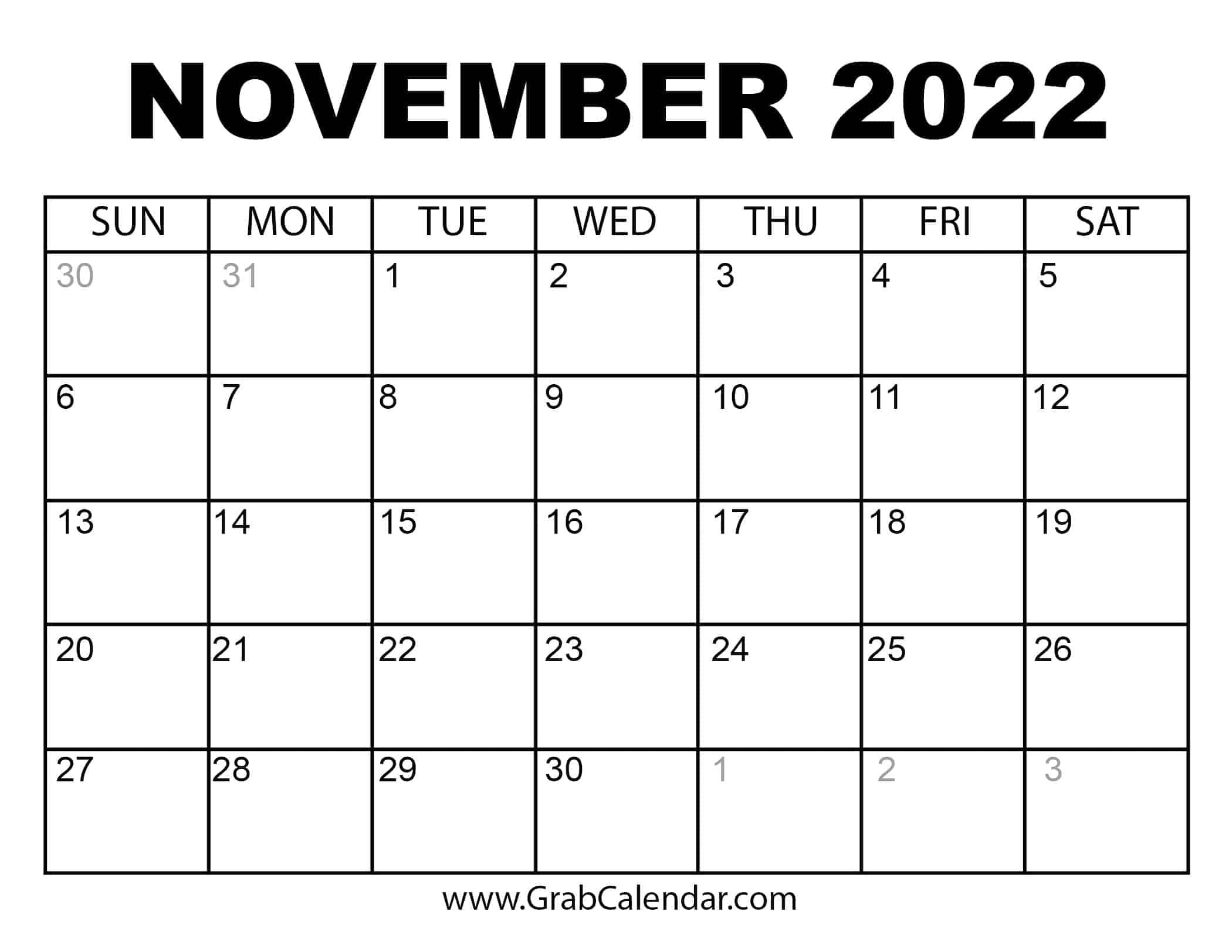 Printable November 2022 Calendar