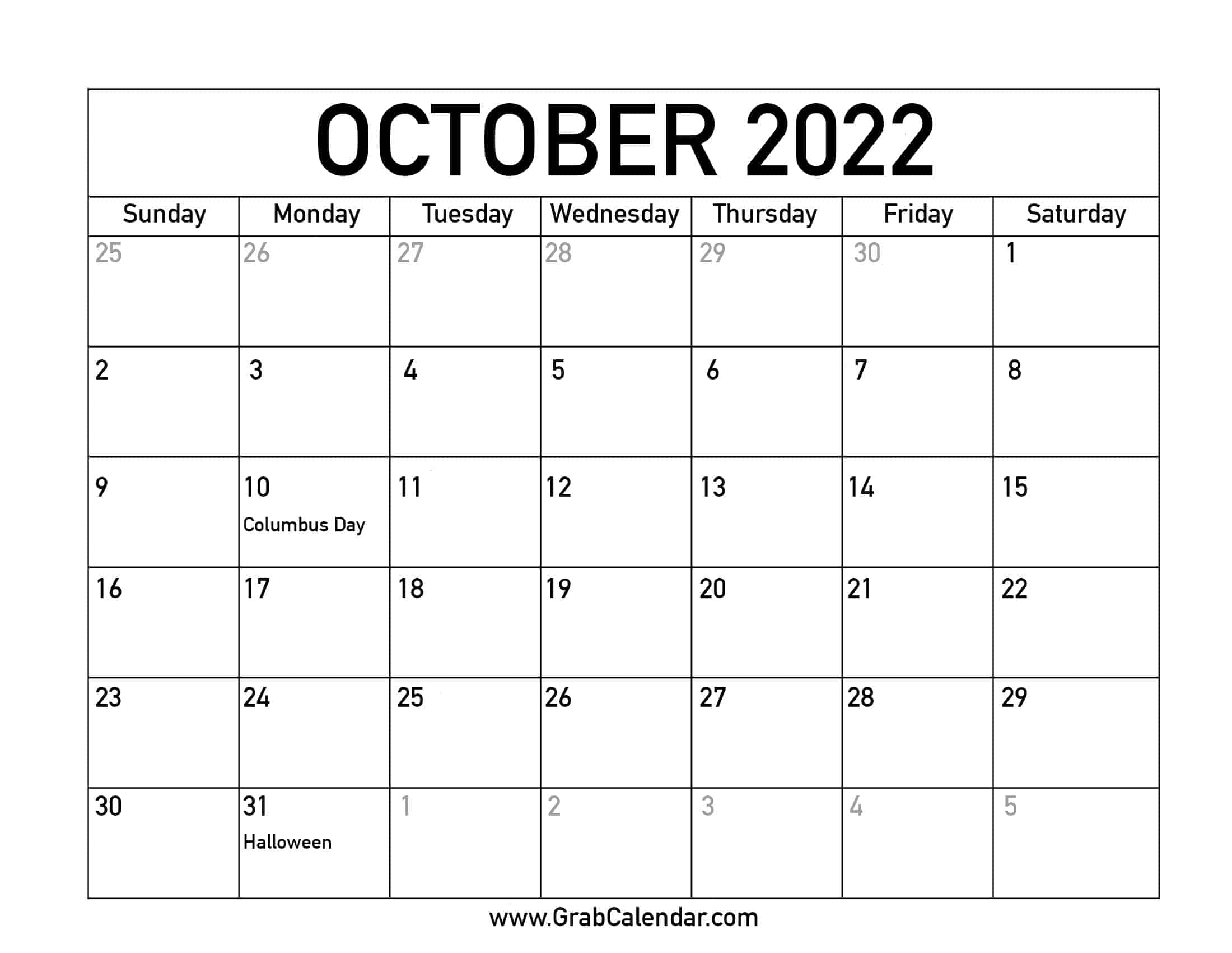 October 2022 Calendar With Holidays Printable Printable October 2022 Calendar
