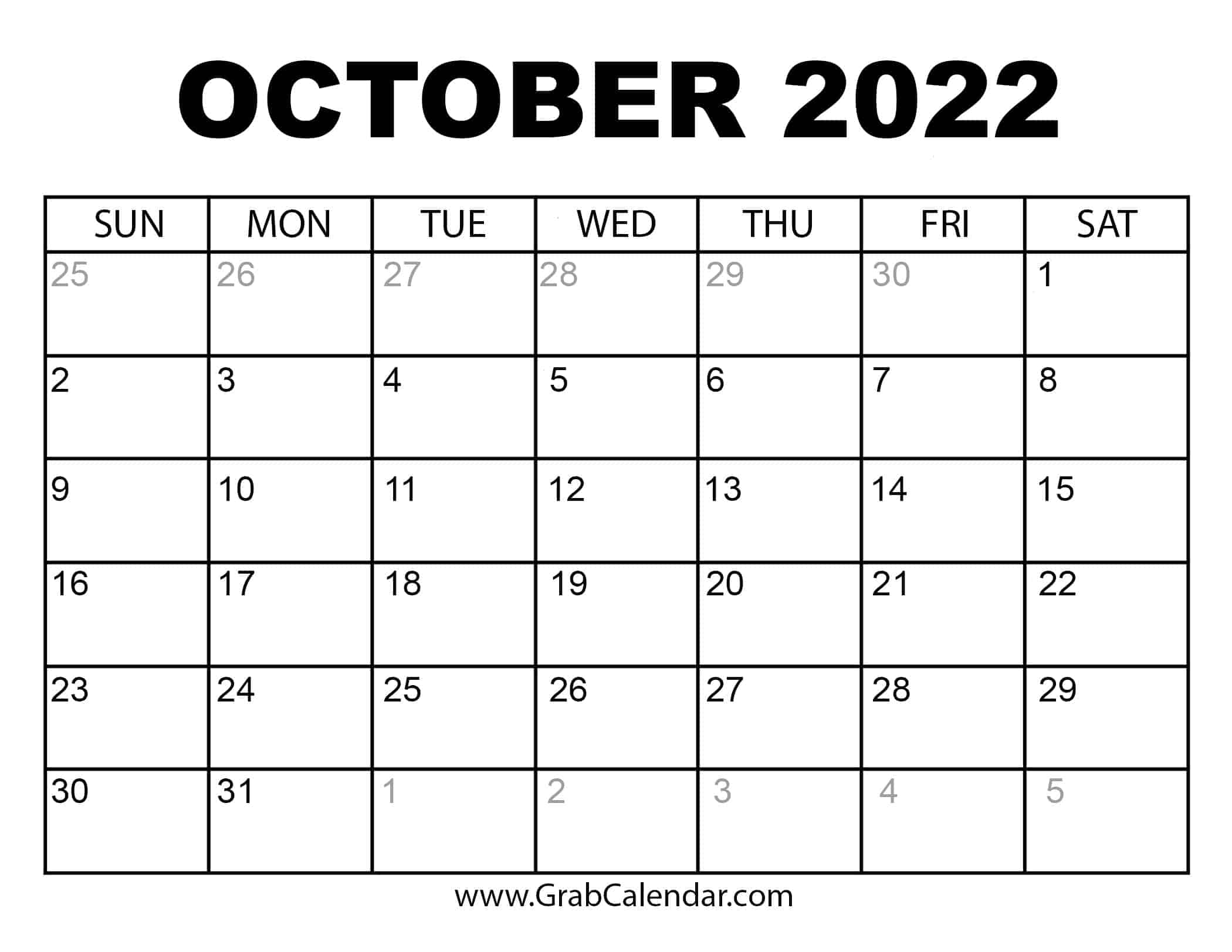 Month Of October 2022 Calendar Printable October 2022 Calendar