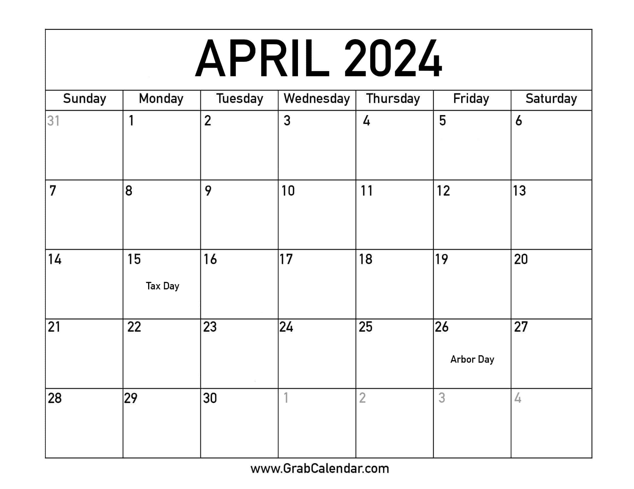 2024 Calendar April Holidays Dora Nancee