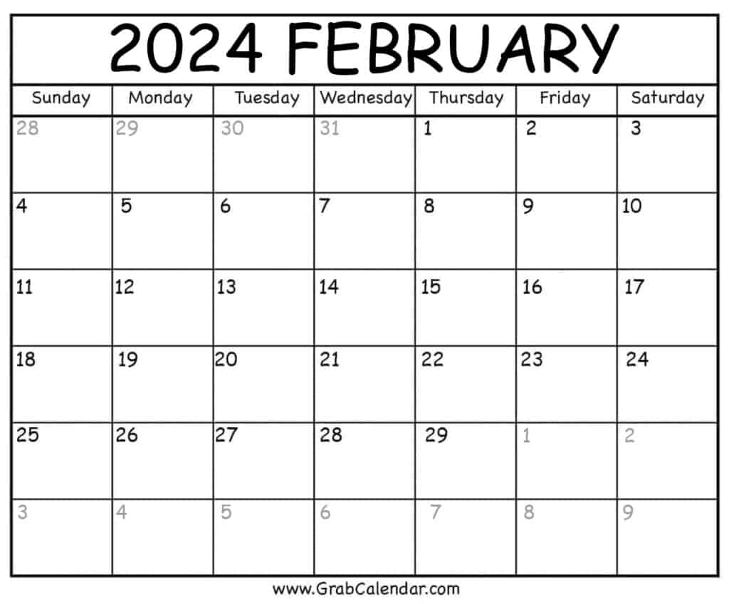 Printable February 2024 Calendar