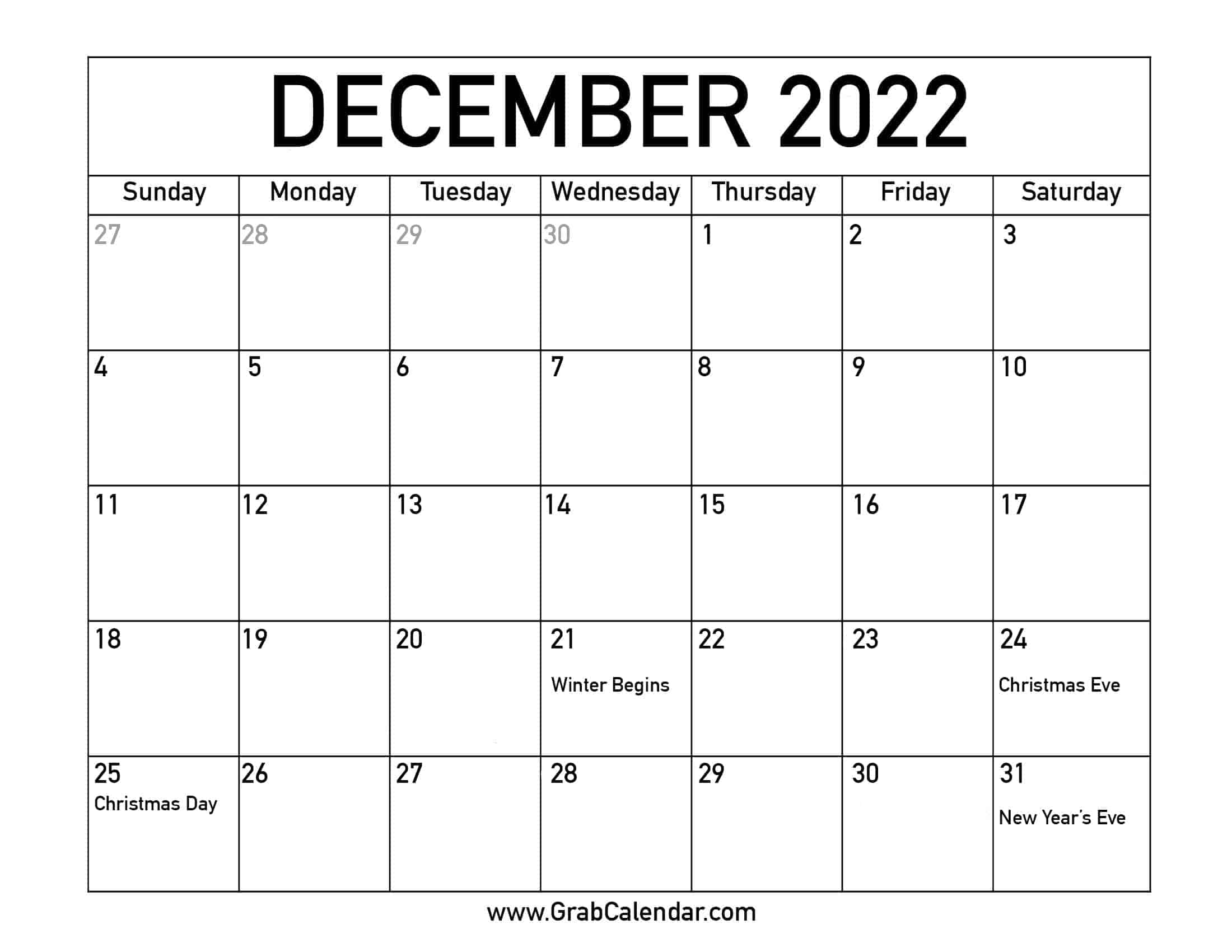 December Calendar 2022 With Holidays Printable December 2022 Calendar