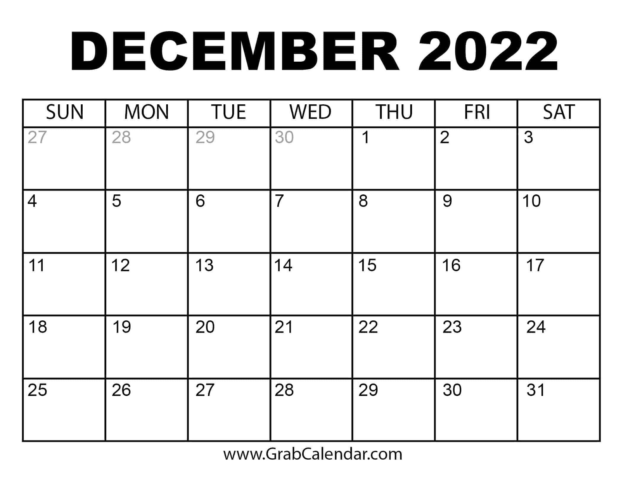 December Printable Calendar 2022 Printable December 2022 Calendar