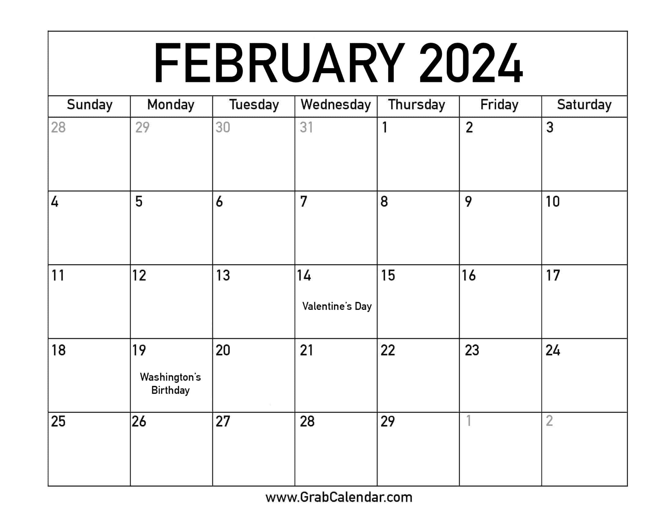 Free Printable Calendar With Holidays February 2024 Donni Gaylene