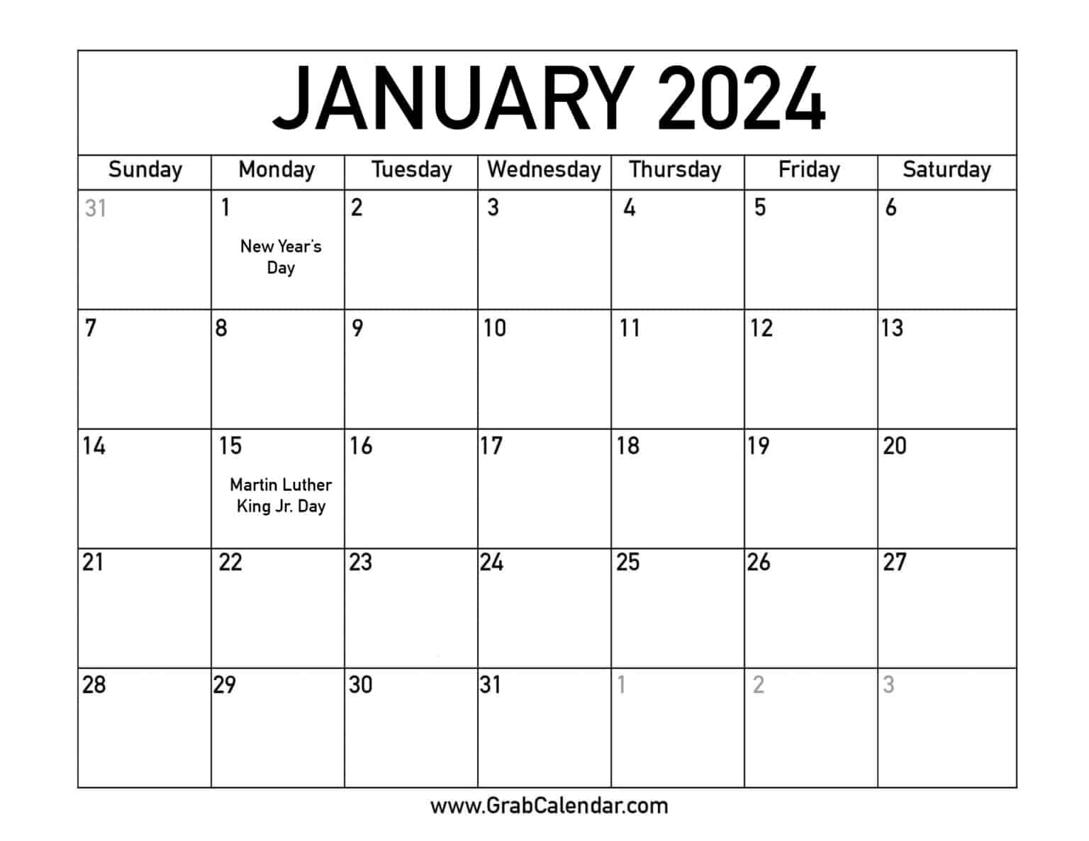 Printable January 2024 Calendar