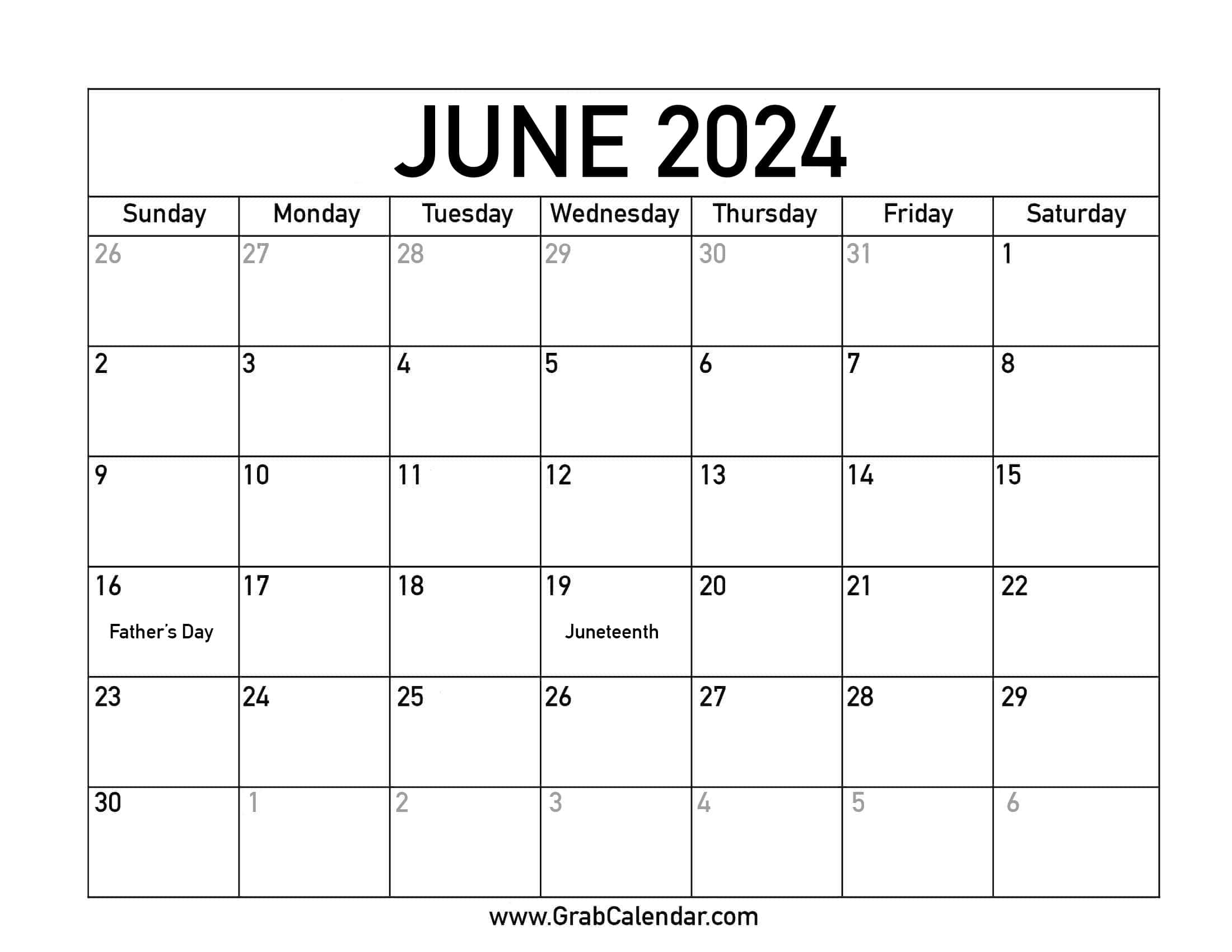 June 2024 Calendar With Holidays Printable June 2024 Calendar With
