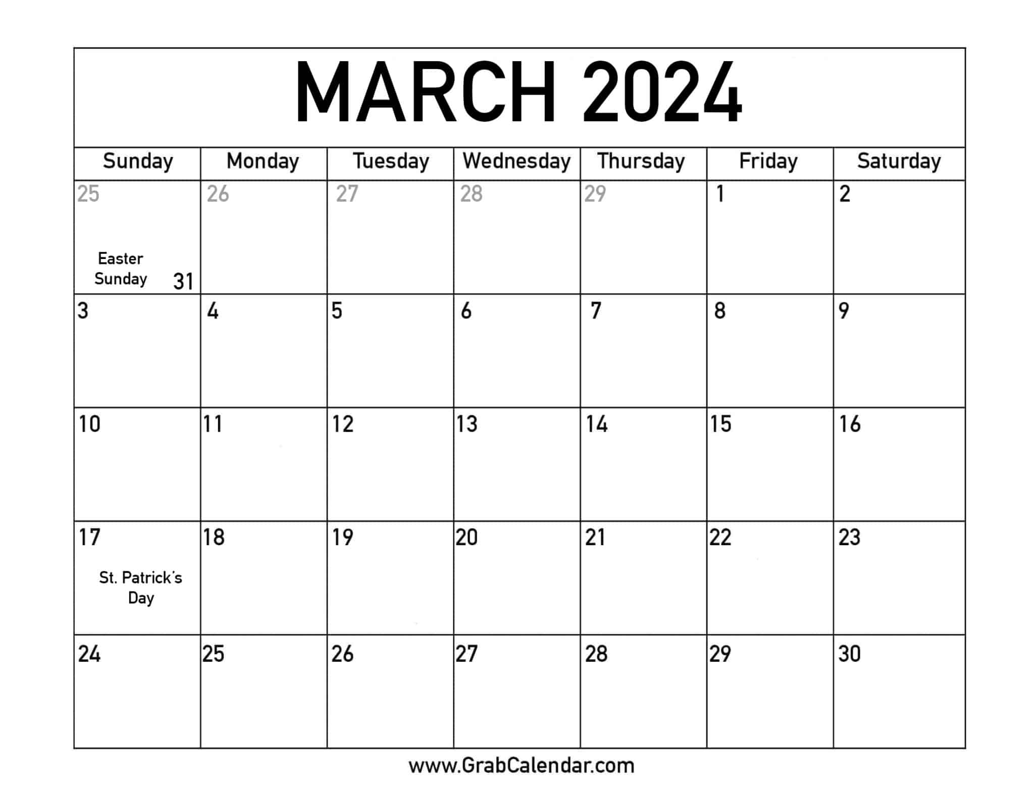 Printable March 2024 Calendar