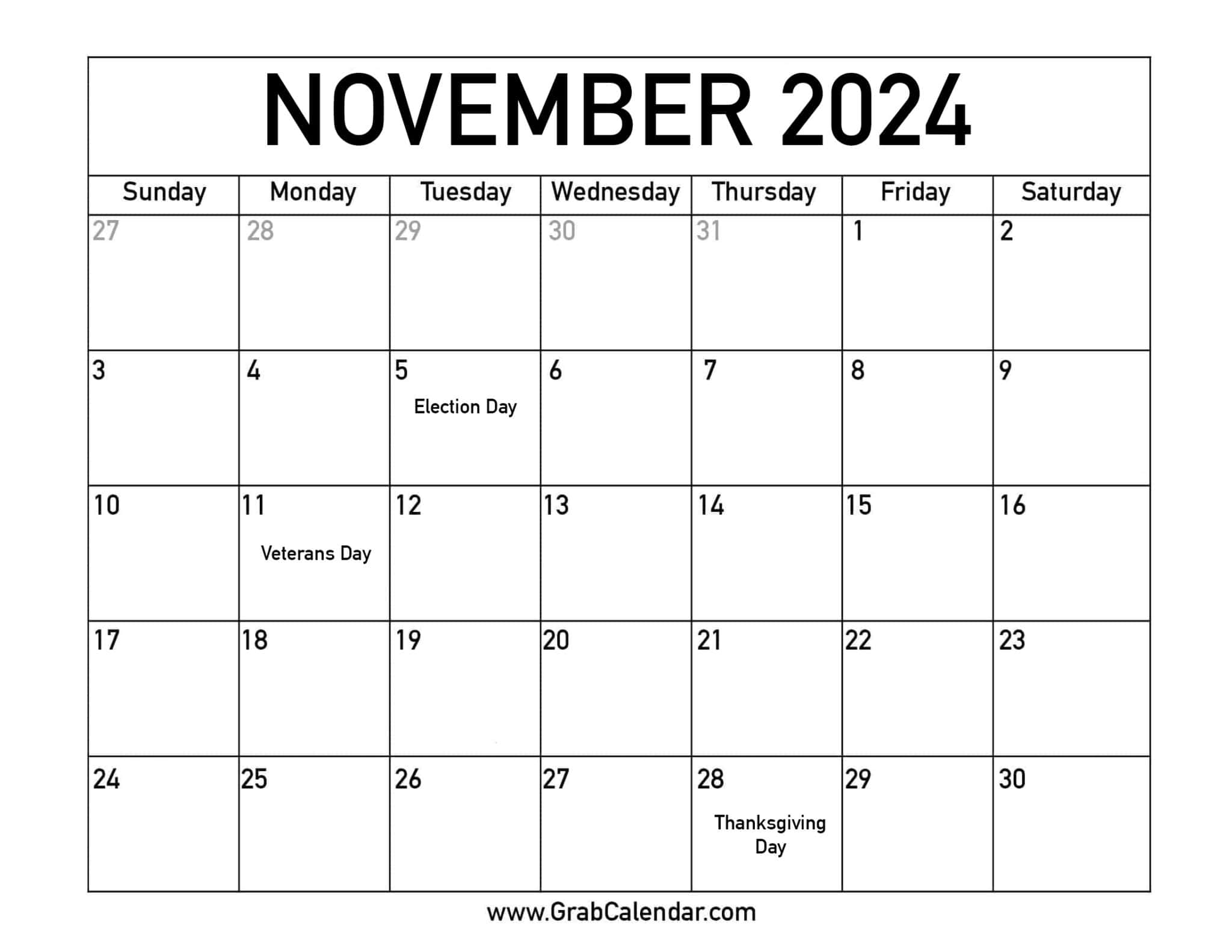 Printable November 2024 Calendar