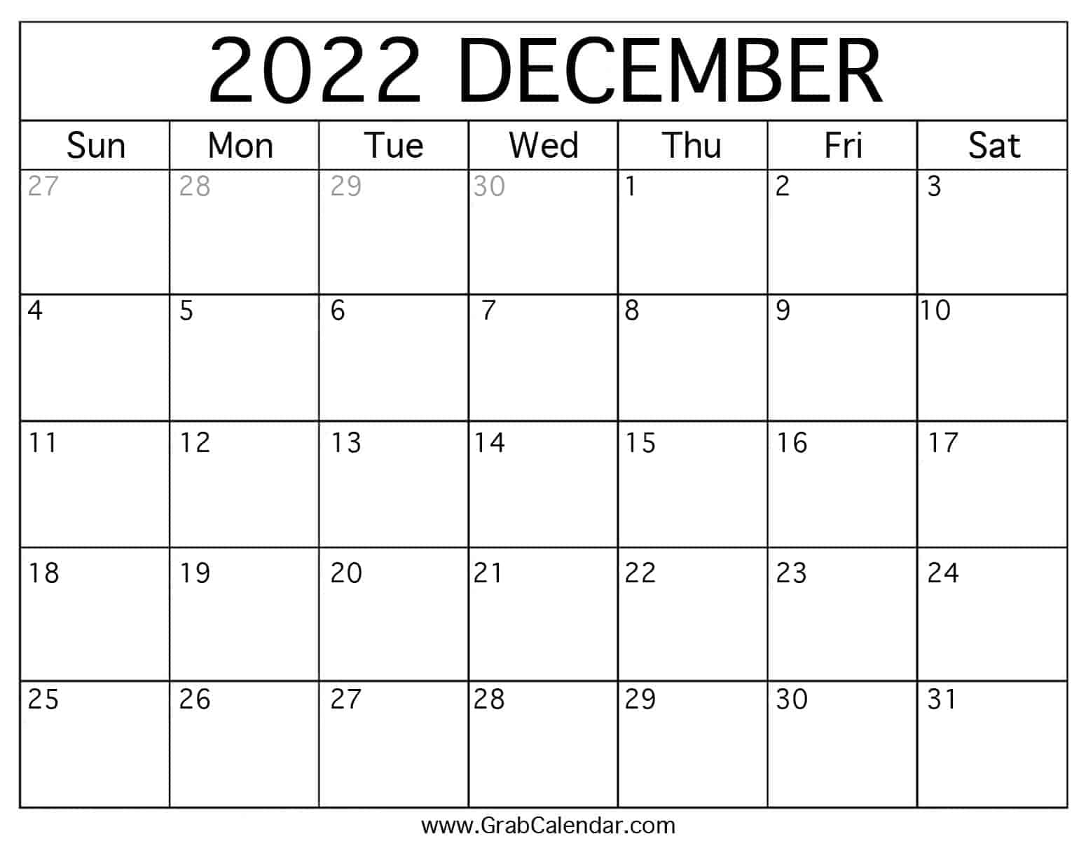 Printable Calendar Dec 2022 Printable December 2022 Calendar