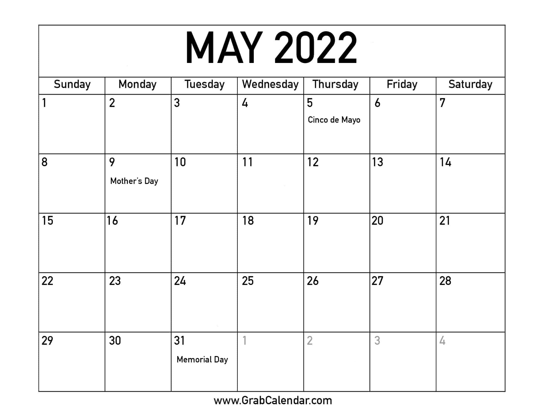 May 2022 Calendar With Holidays Printable Printable May 2022 Calendar
