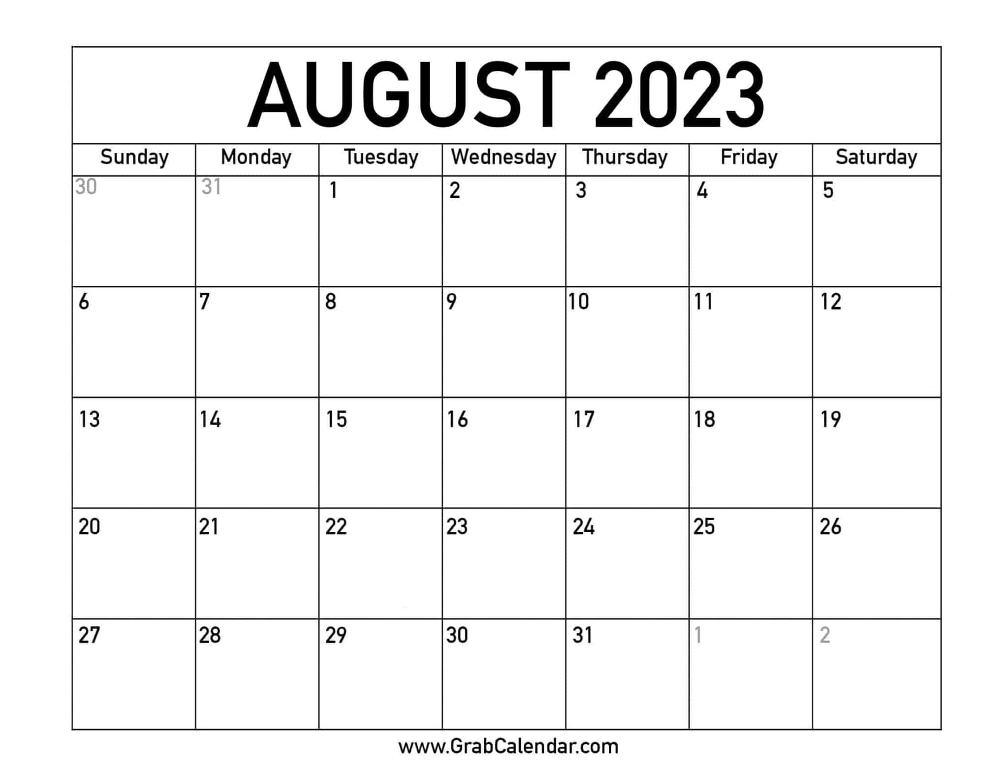 Printable August 2023 Calendar