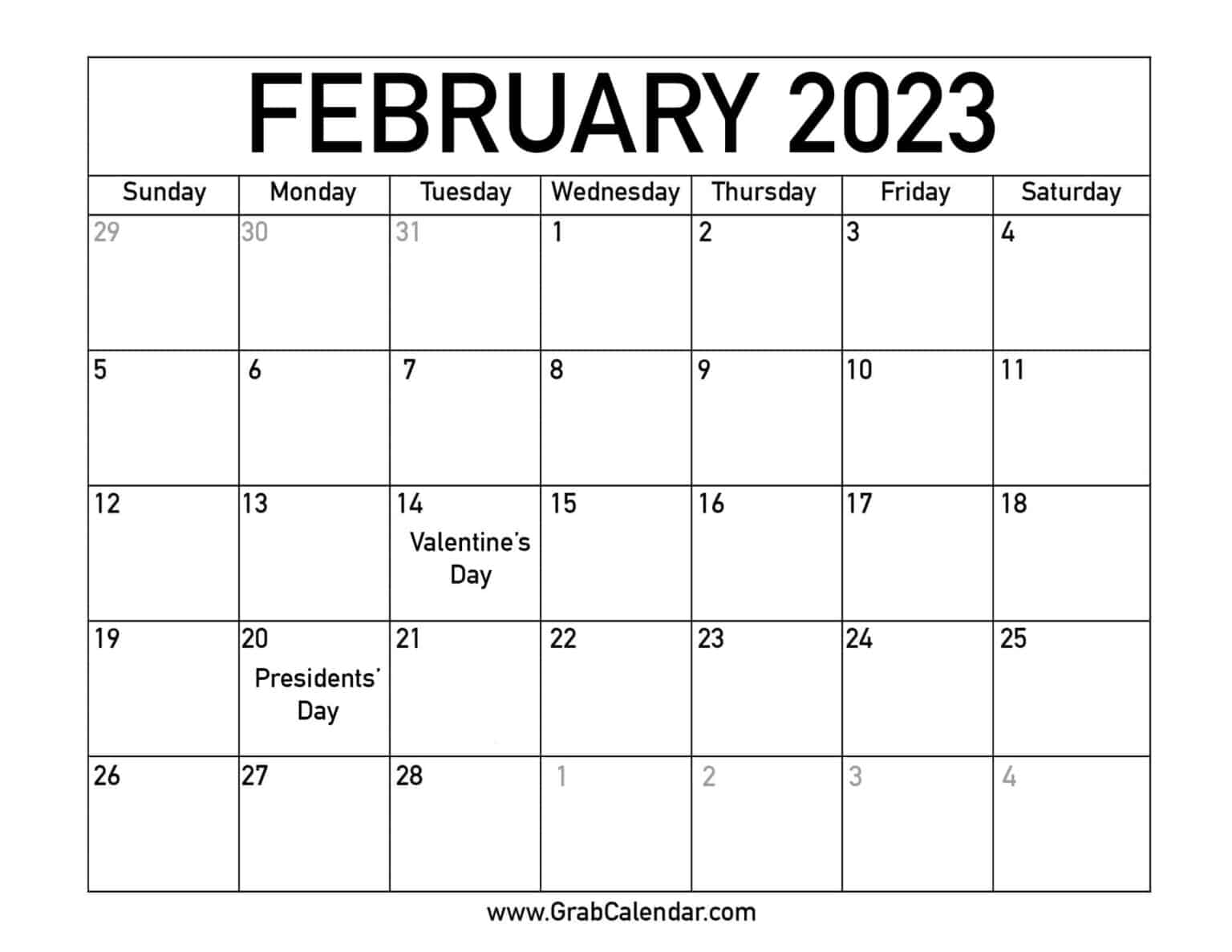 Printable February 2023 Calendar