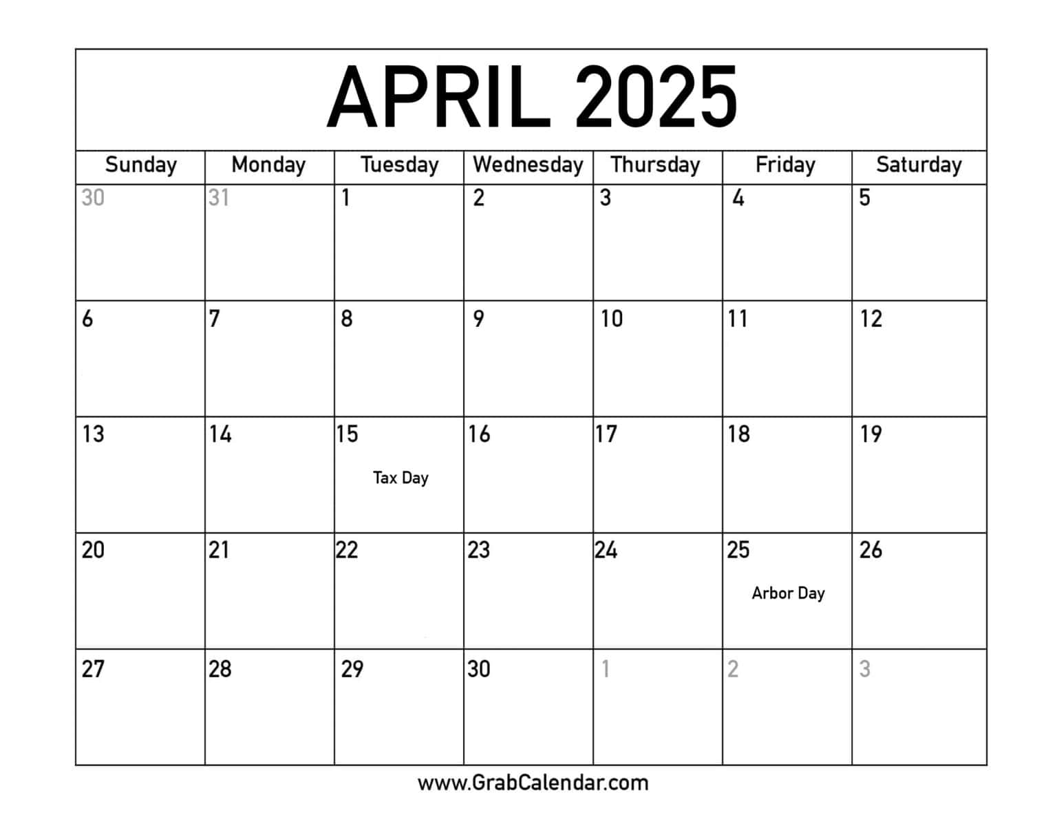 Printable April 2025 Calendar