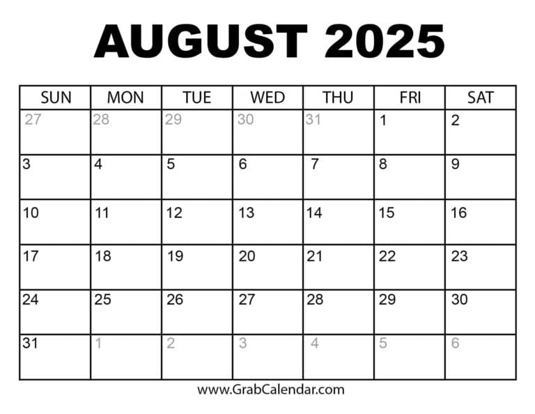 Printable August 2025 Calendar