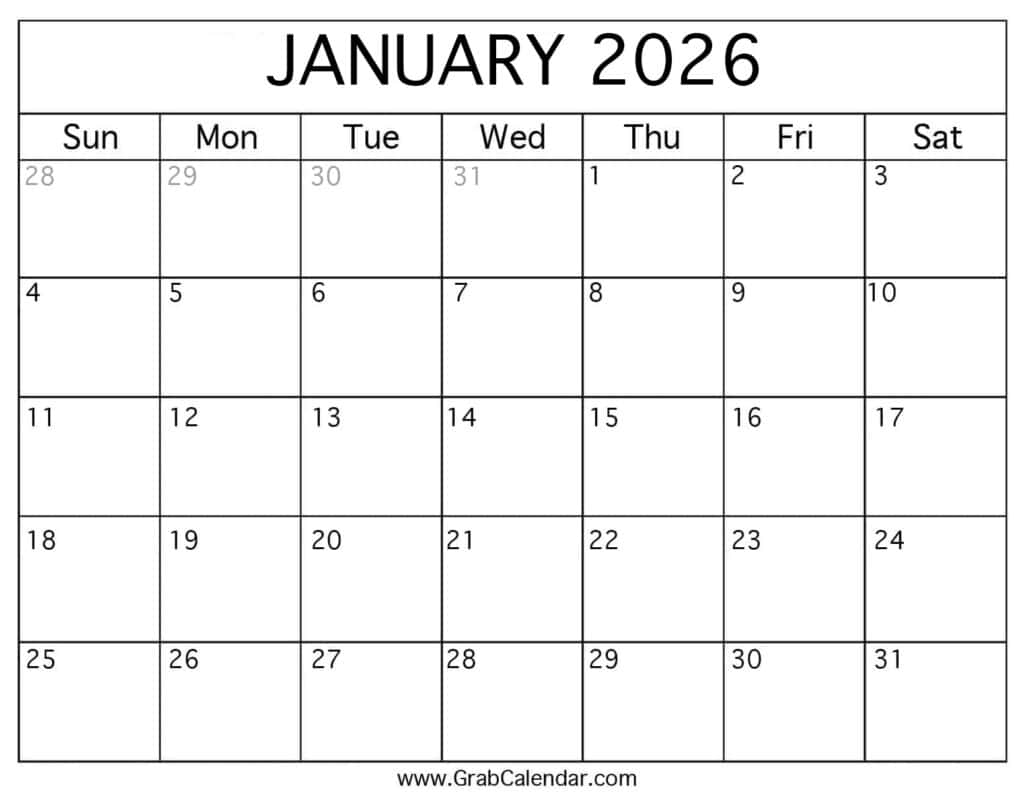 Printable January 2026 Calendar