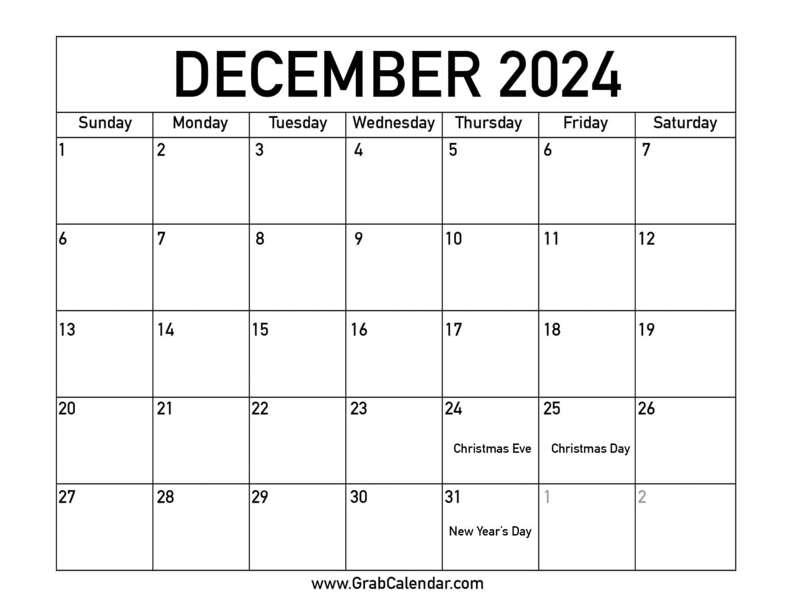 Printable December 2024 Calendar