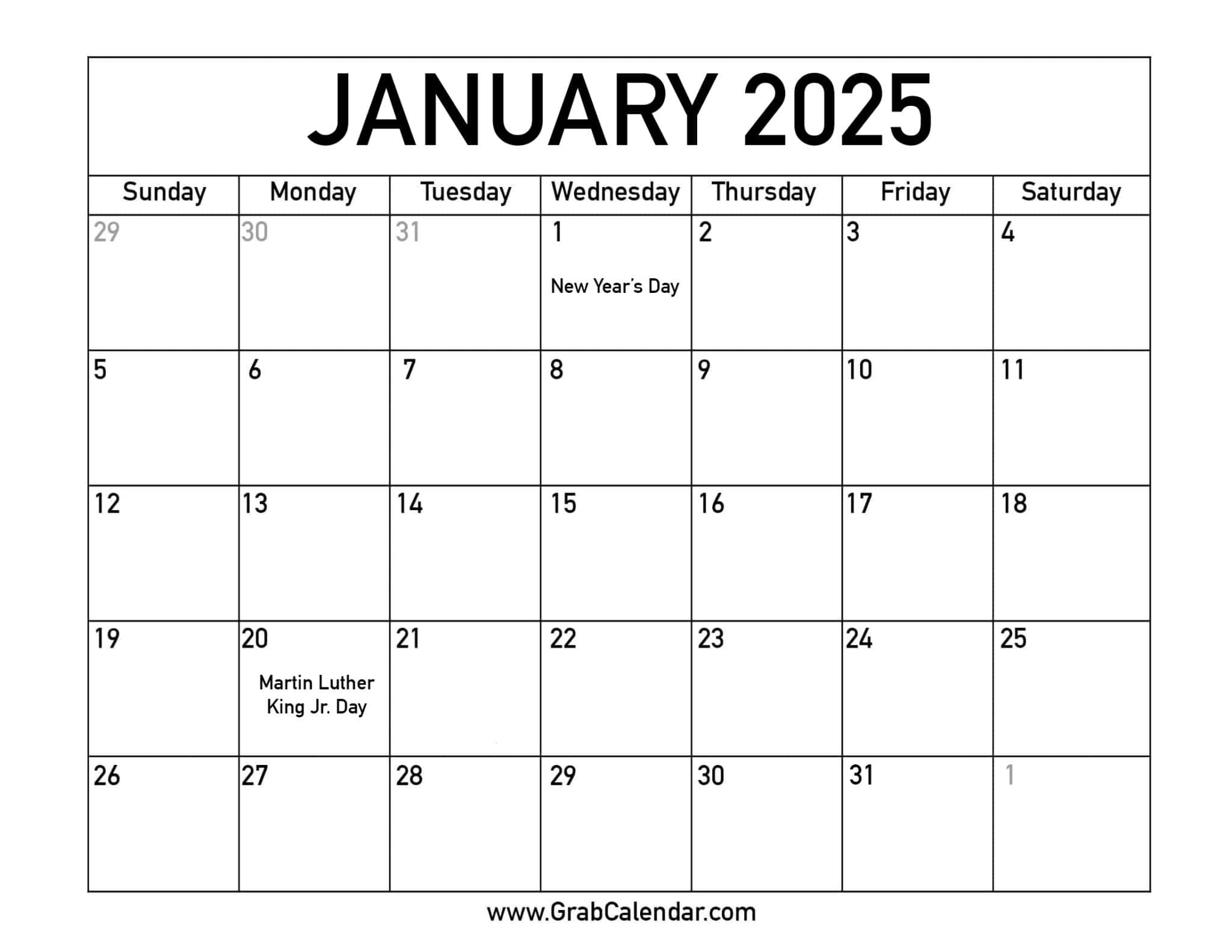 Printable January 2025 Calendar