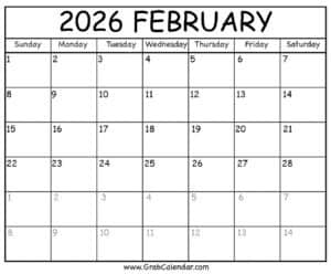 Printable February 2026 Calendar