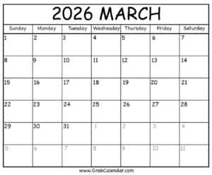 Printable March 2026 Calendar