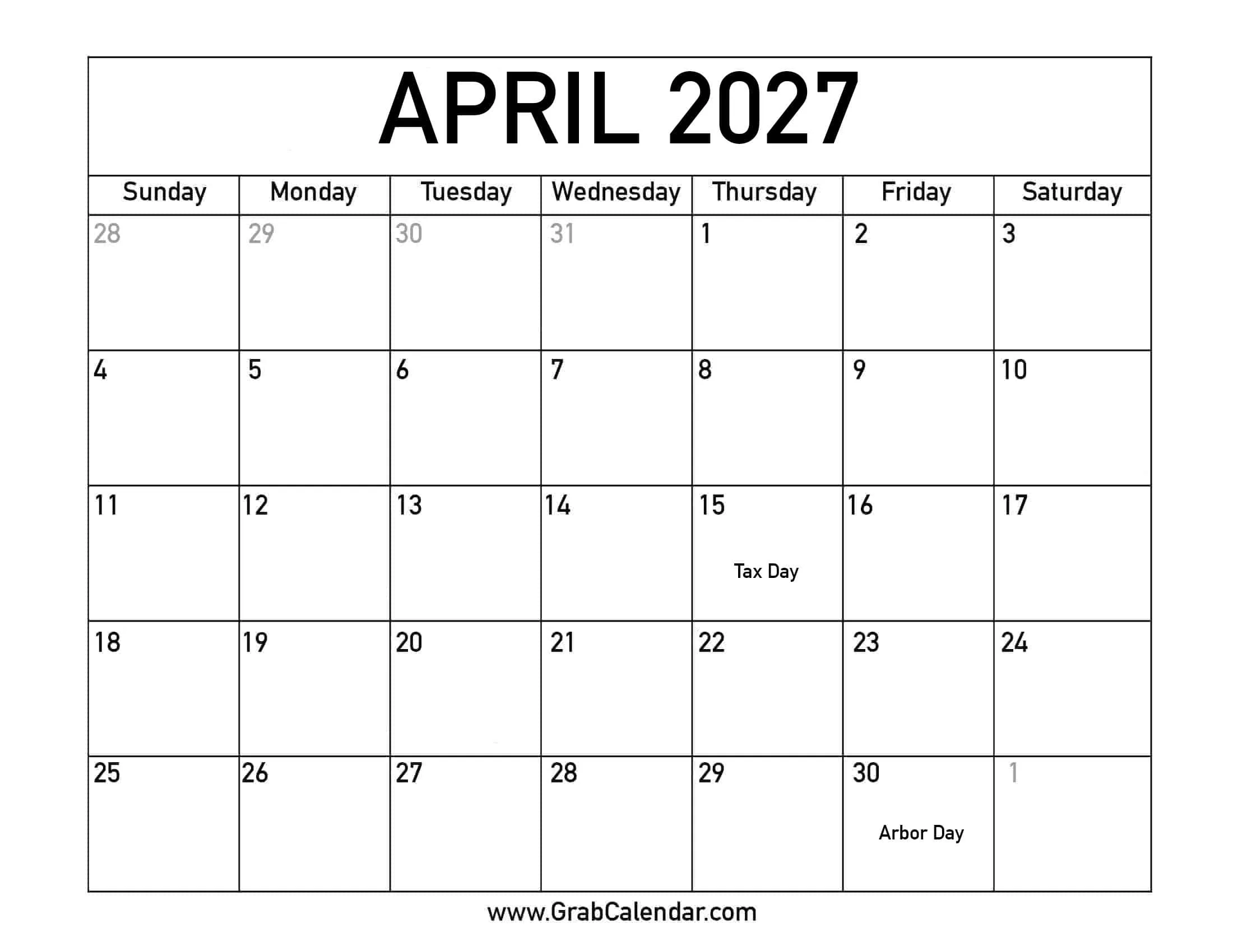 Printable April 2027 Calendar