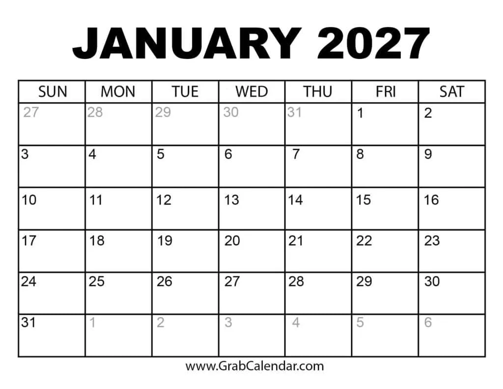 Printable January 2027 Calendar