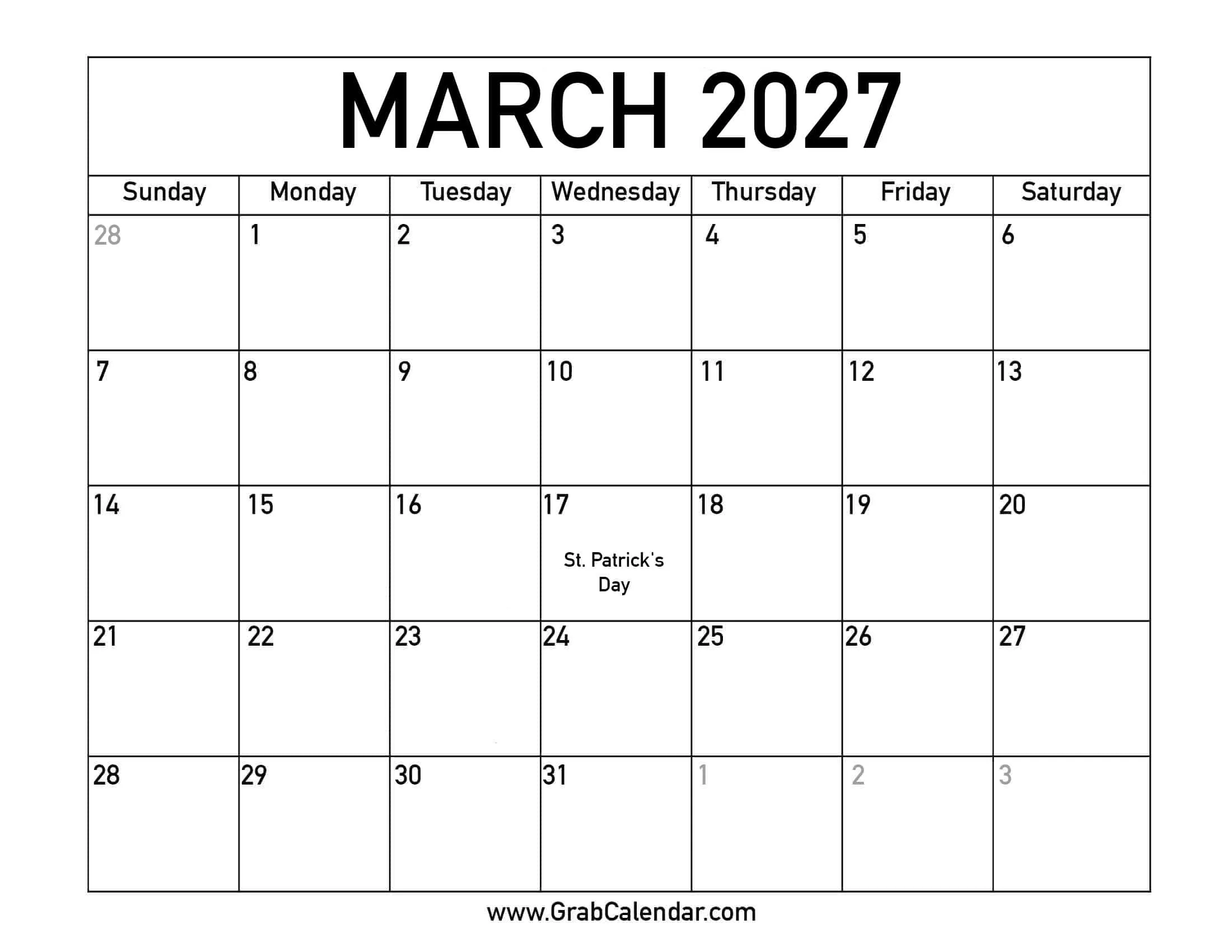 Printable March 2027 Calendar
