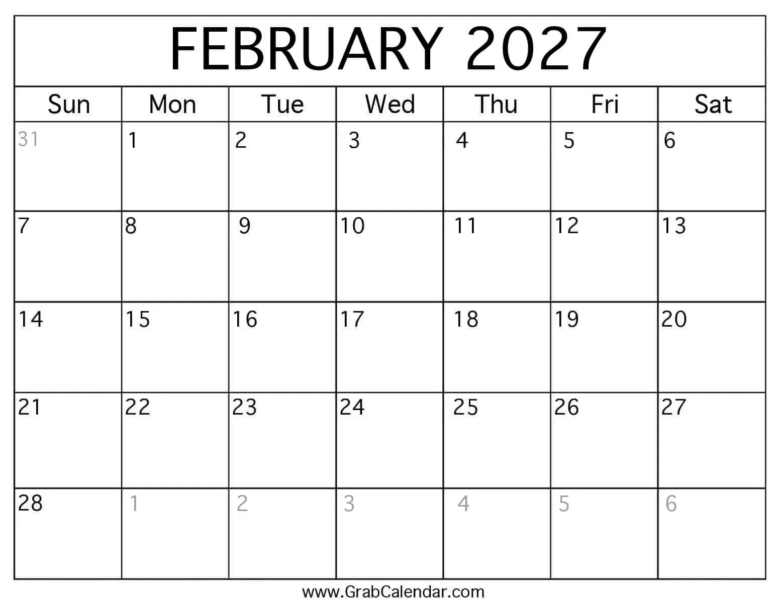 Printable February 2027 Calendar